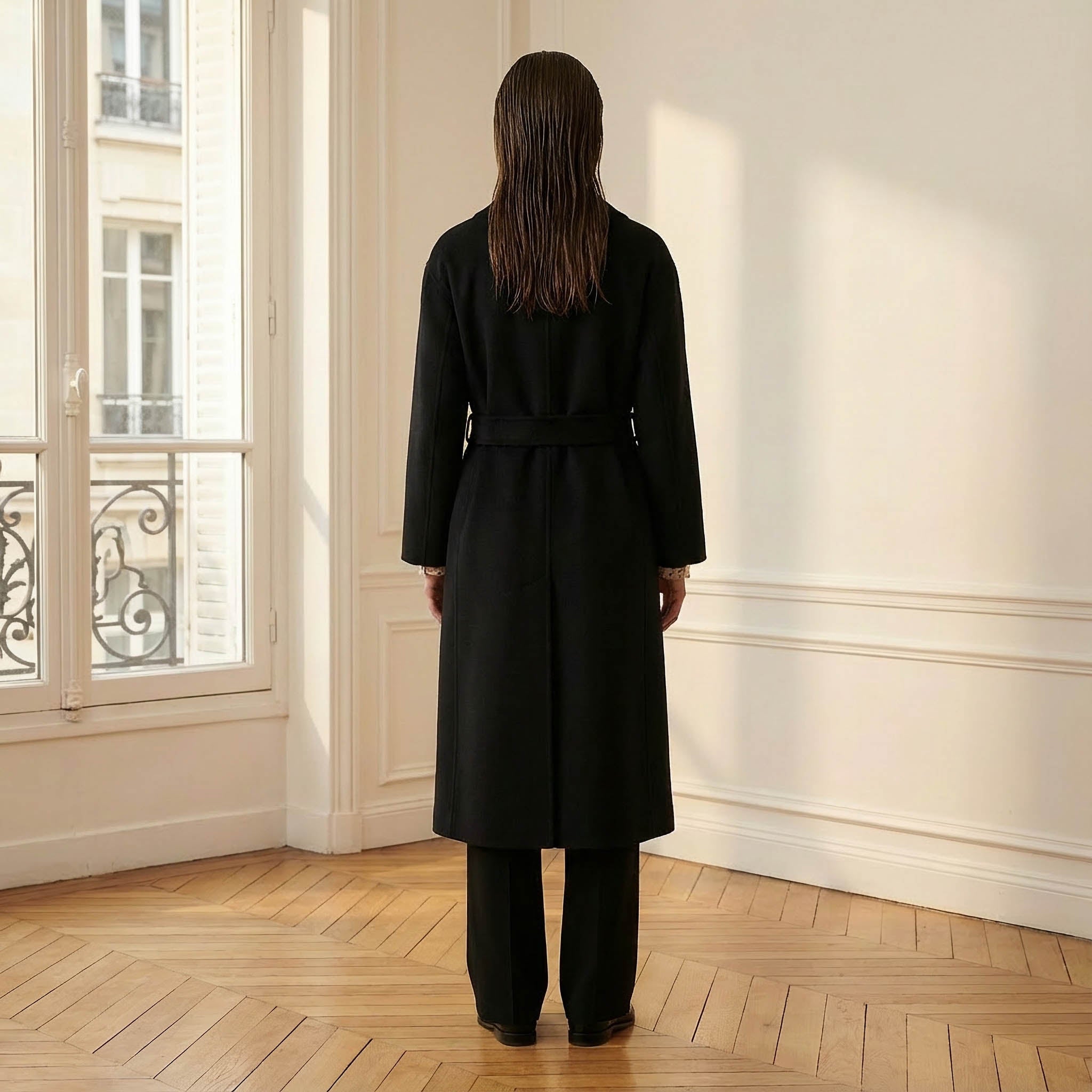 Clara Premium Puhdas Kasmir Musta Takki | Naisten Pitkä Vyötäröllä Solmittava Kietaisutakki