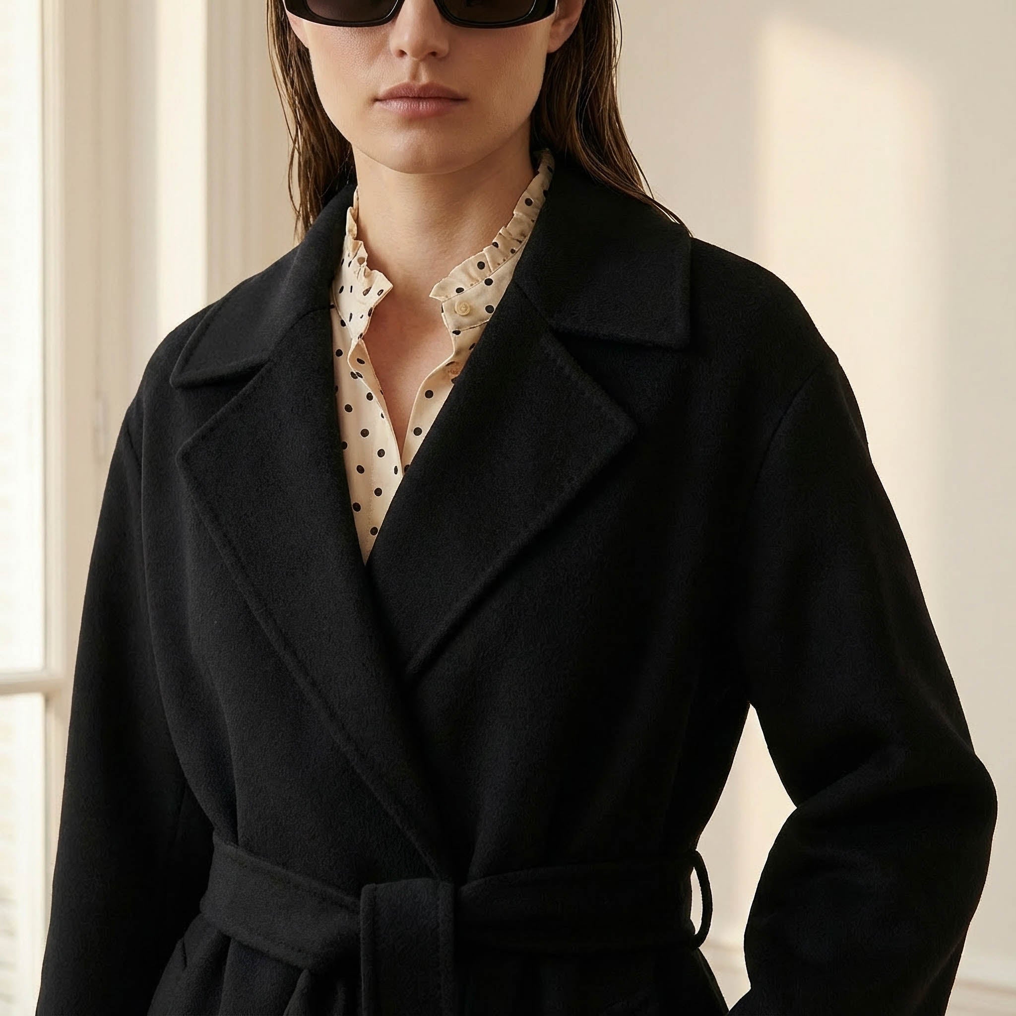 Clara Premium Pure Cashmere Black Coat | Omslagsfrakke med lang bælte til kvinder