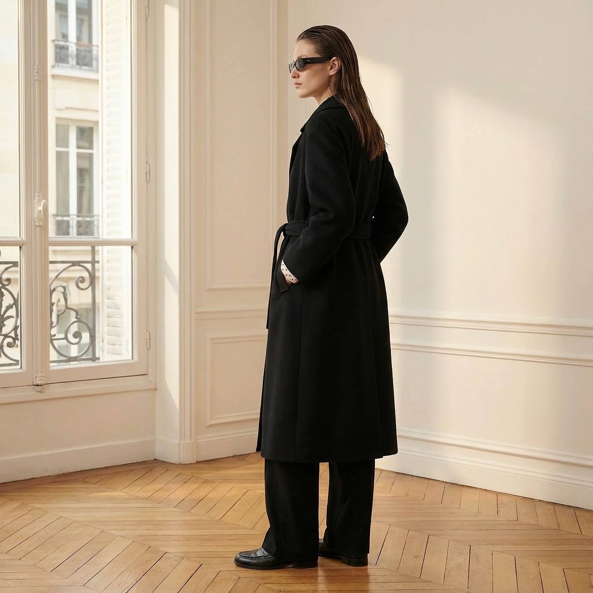 Płaszcz Clara Premium z czystego kaszmiru w kolorze czarnym | Damski długi płaszcz z paskiem i kopertowym zapięciem