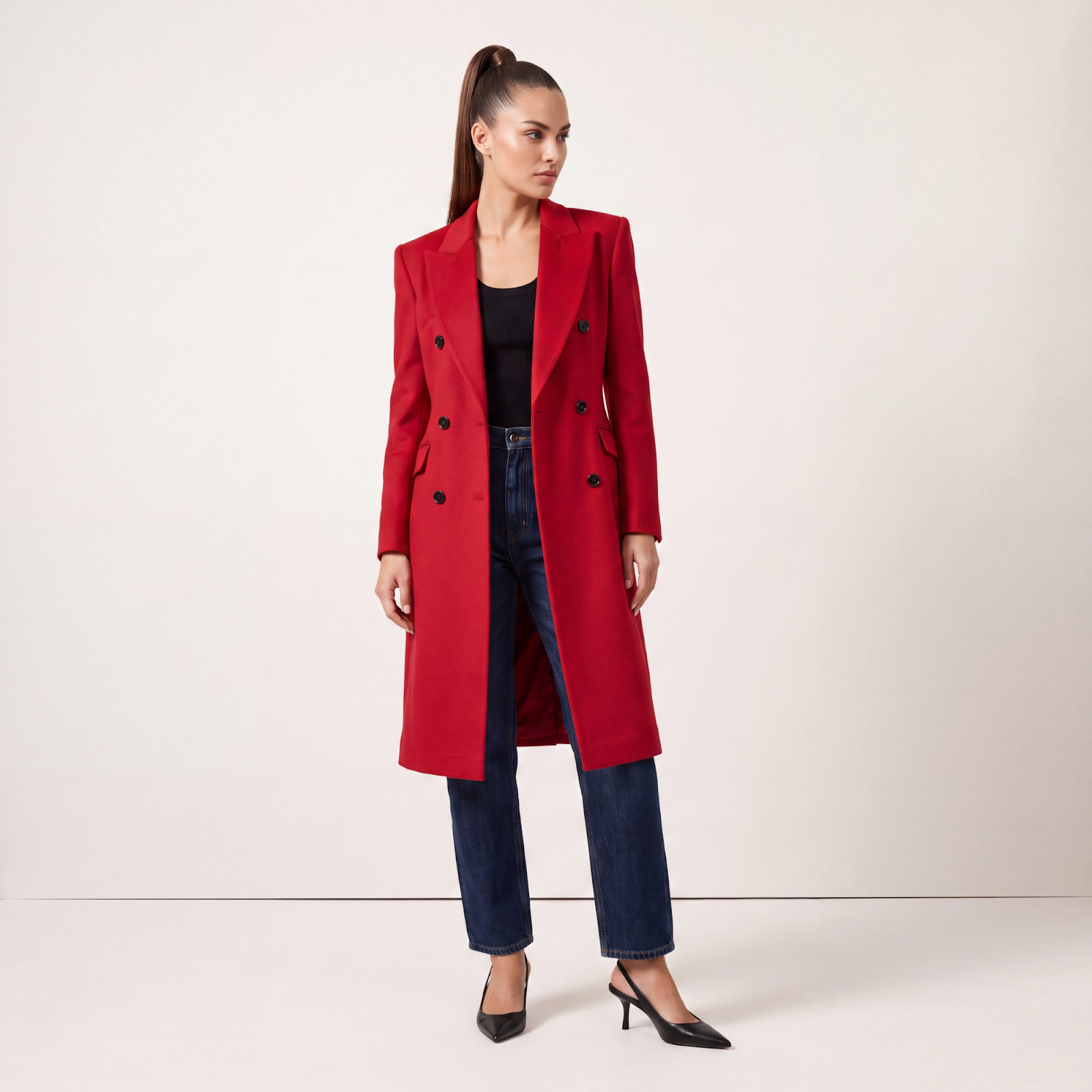 Power Shoulder Red Wool Coat
