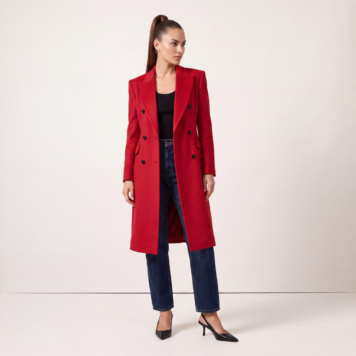 Power Shoulder Red Wool Coat
