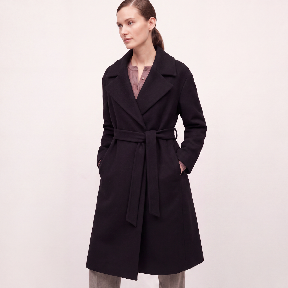 Regent Black Wool Wrap Coat