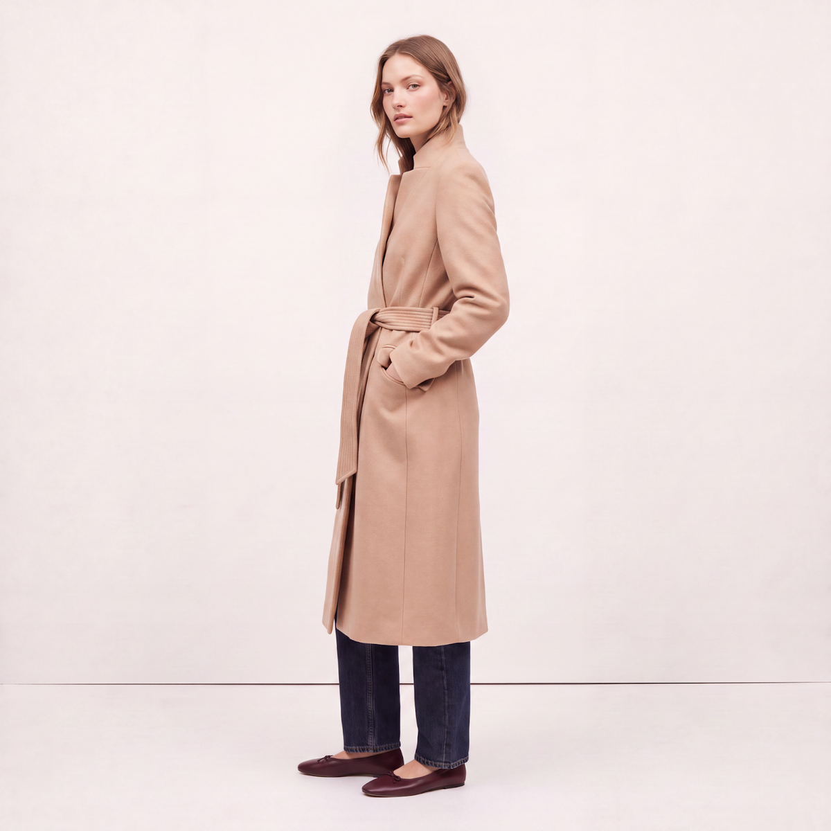 Classic Camel Wool Wrap Coat