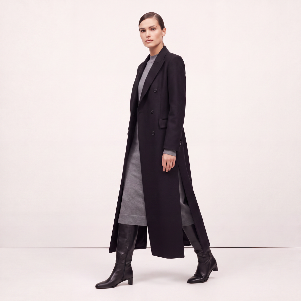 High Side Slits Black Wool Coat