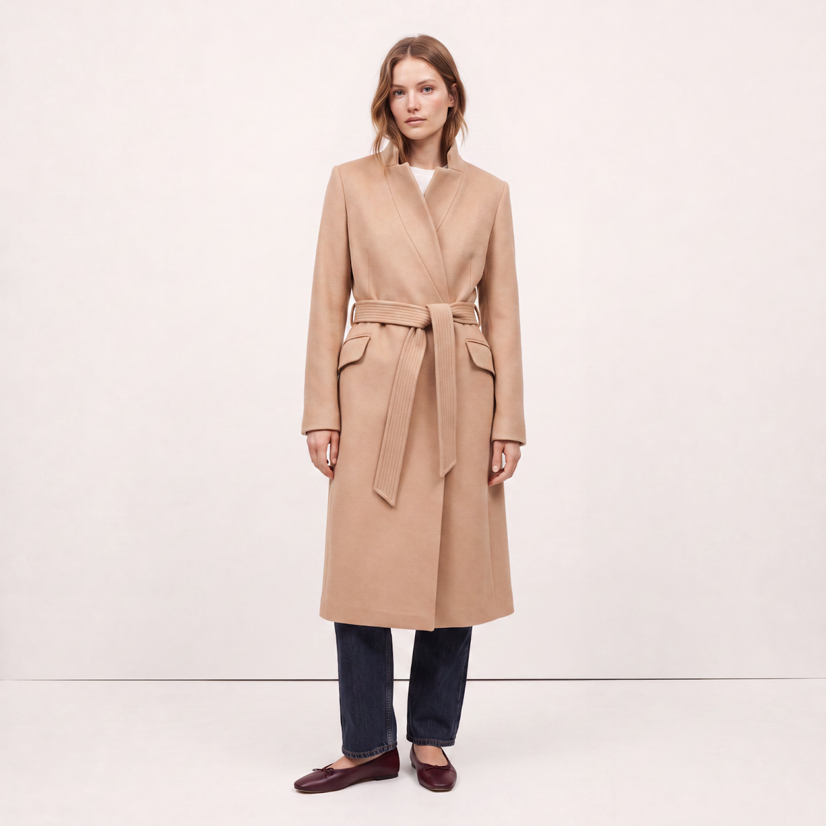 Classic Camel Wool Wrap Coat