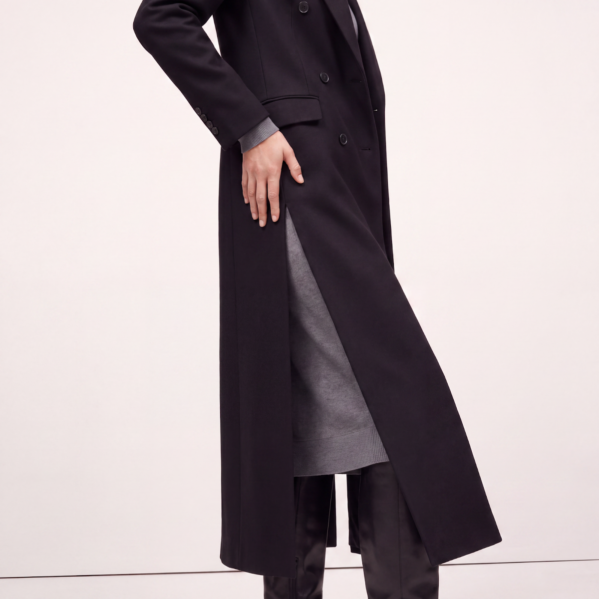 High Side Slits Black Wool Coat