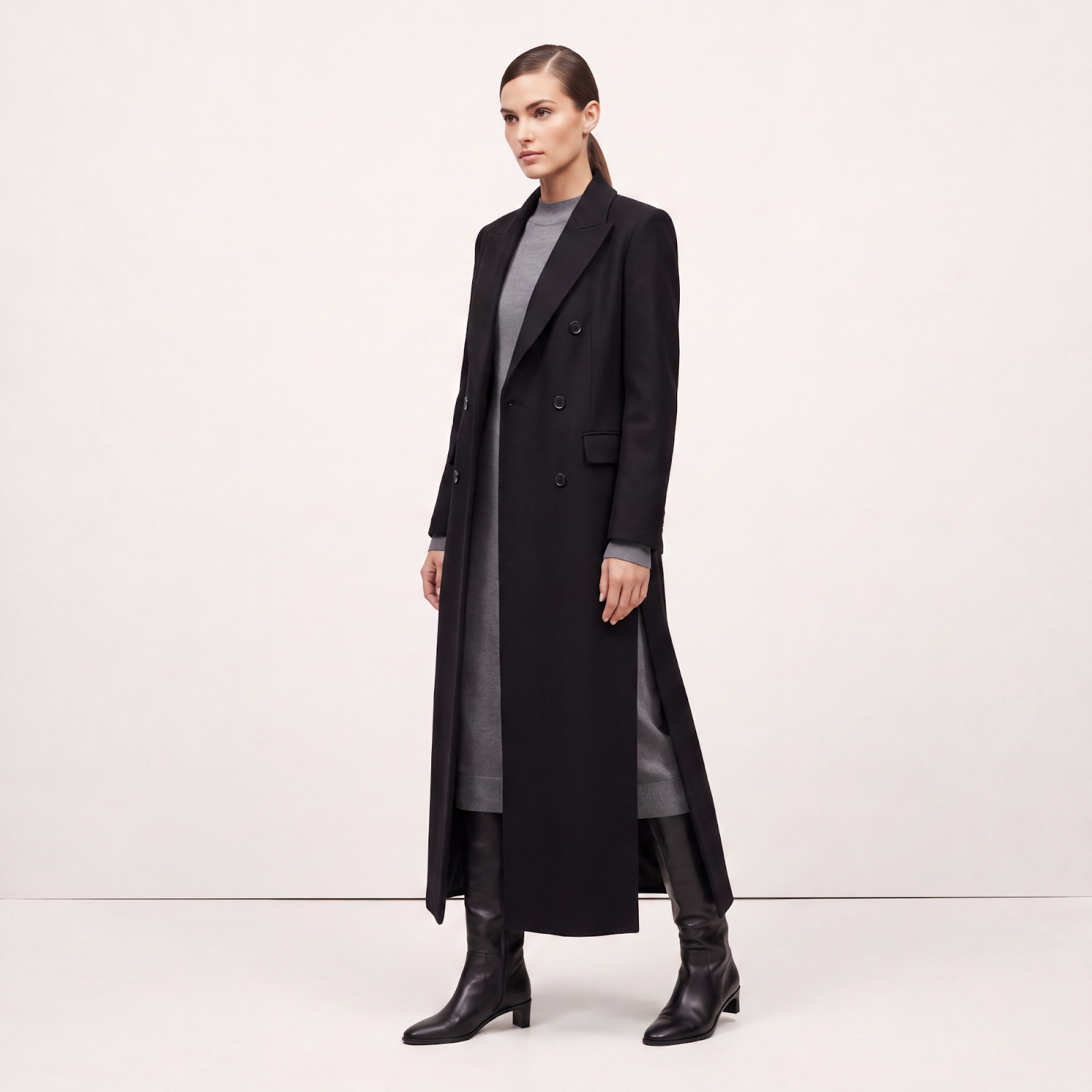 High Side Slits Black Wool Coat