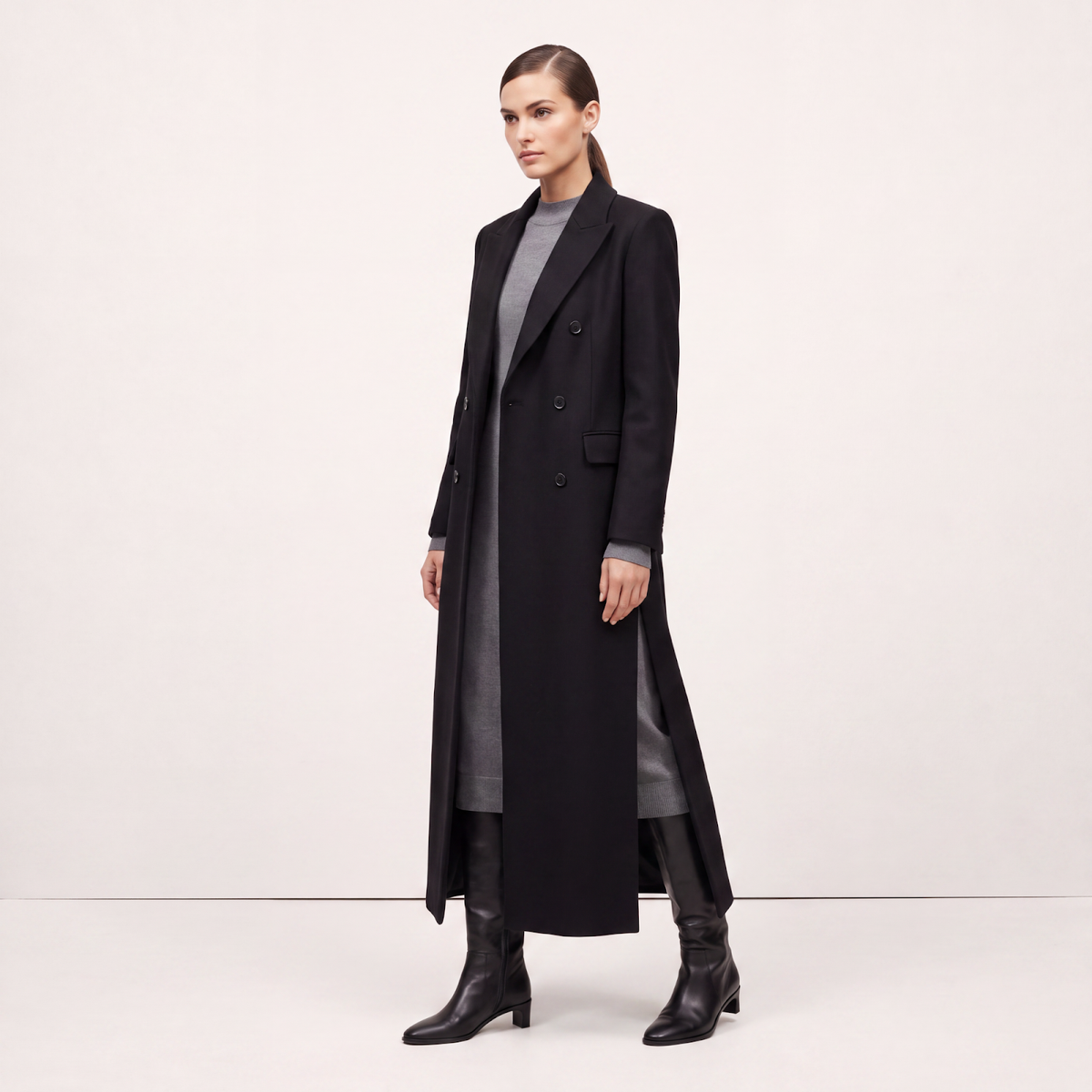 High Side Slits Black Wool Coat