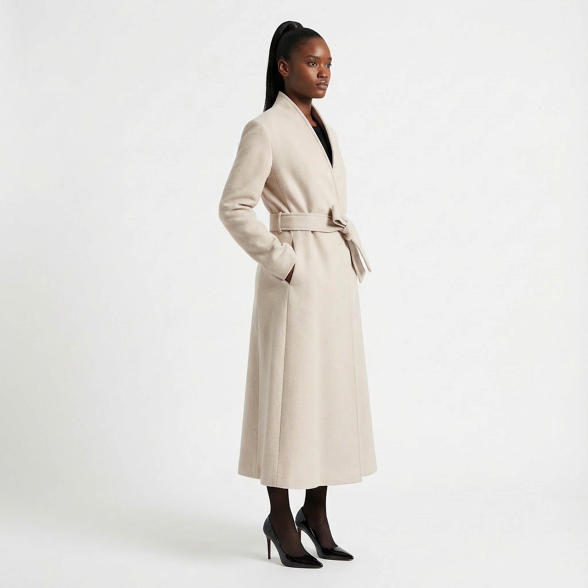 Victoria Oatmeal Romantic High neck  wool tailored flare skirt