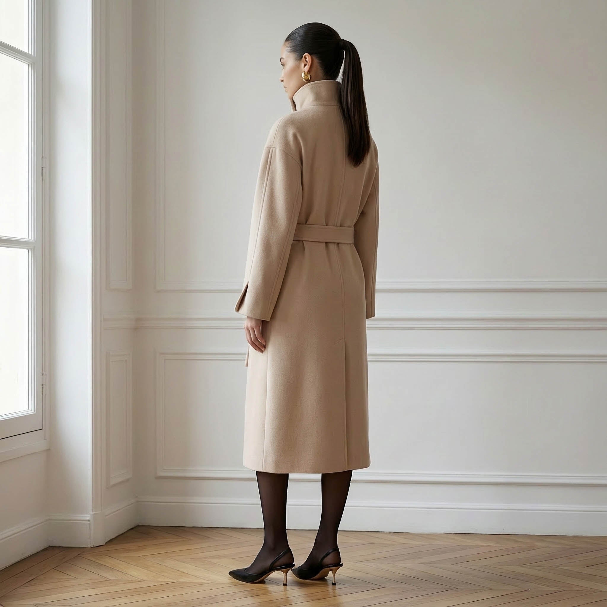 Cricket Pale Cream Pure Cashmere Coat | Funnel Collar & Belted Design