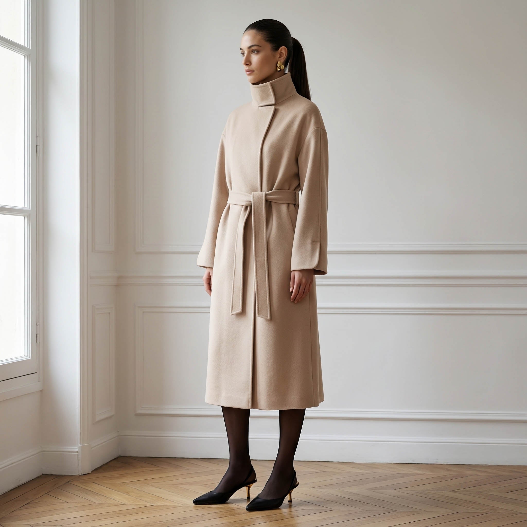 Cricket Lys Creme Ren Kasmir Frakke | Tragtkrave & Bælte Design