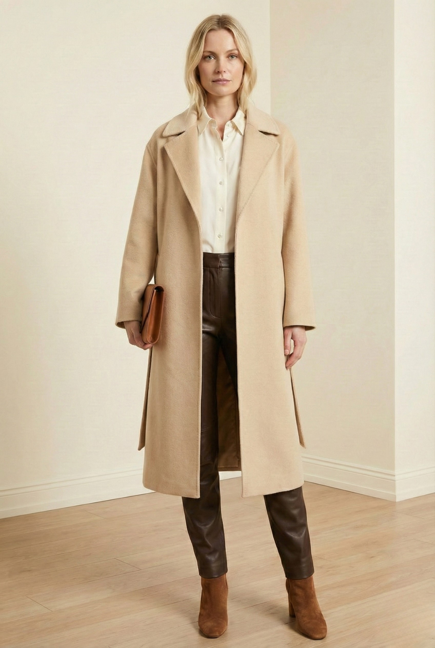 Clara Premium Pure Cashmere Camel Coat | Women's Long Belted Wrap Coat