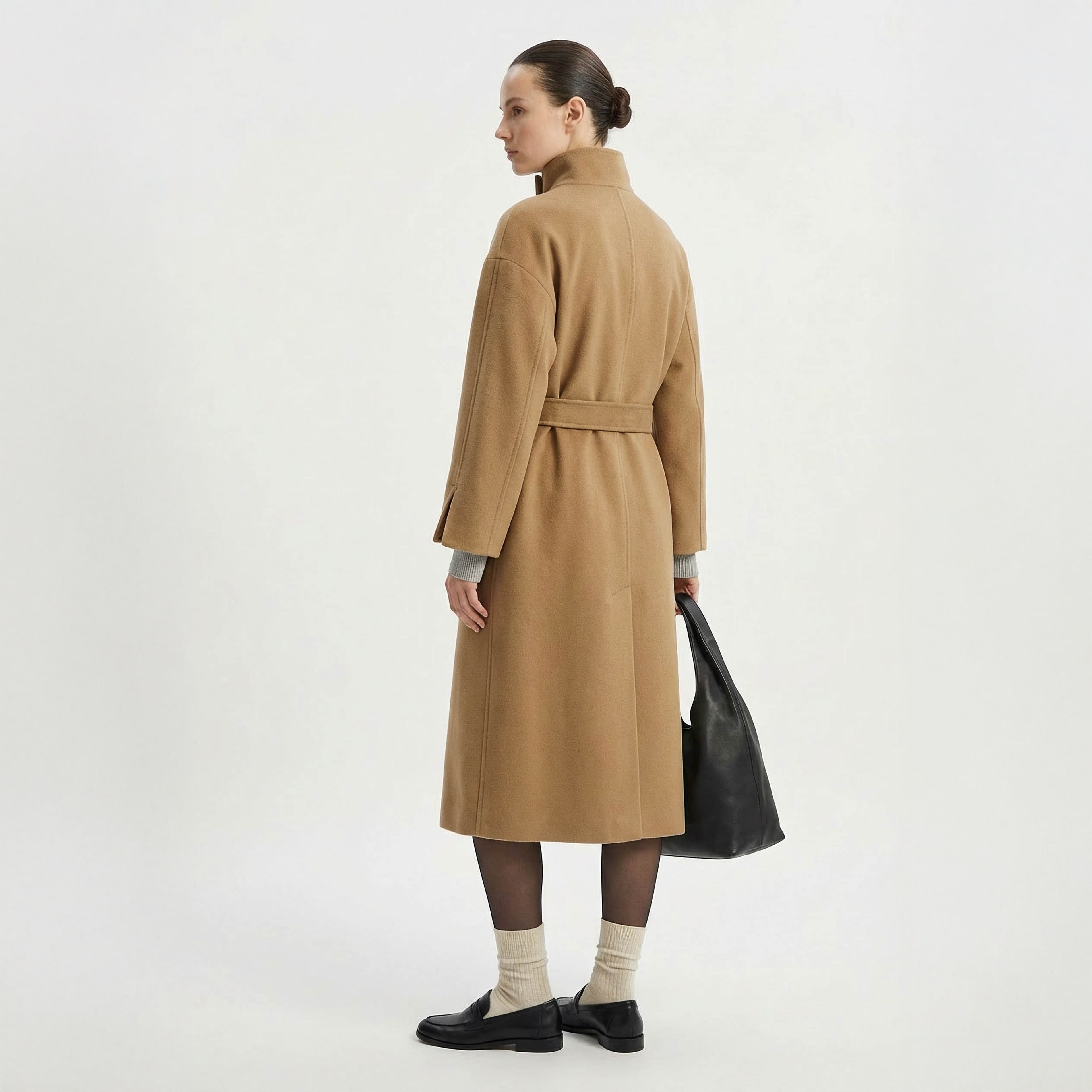 Cricket Cashmere Coat | Luxury Camel Wrap Coat with Stand Collar