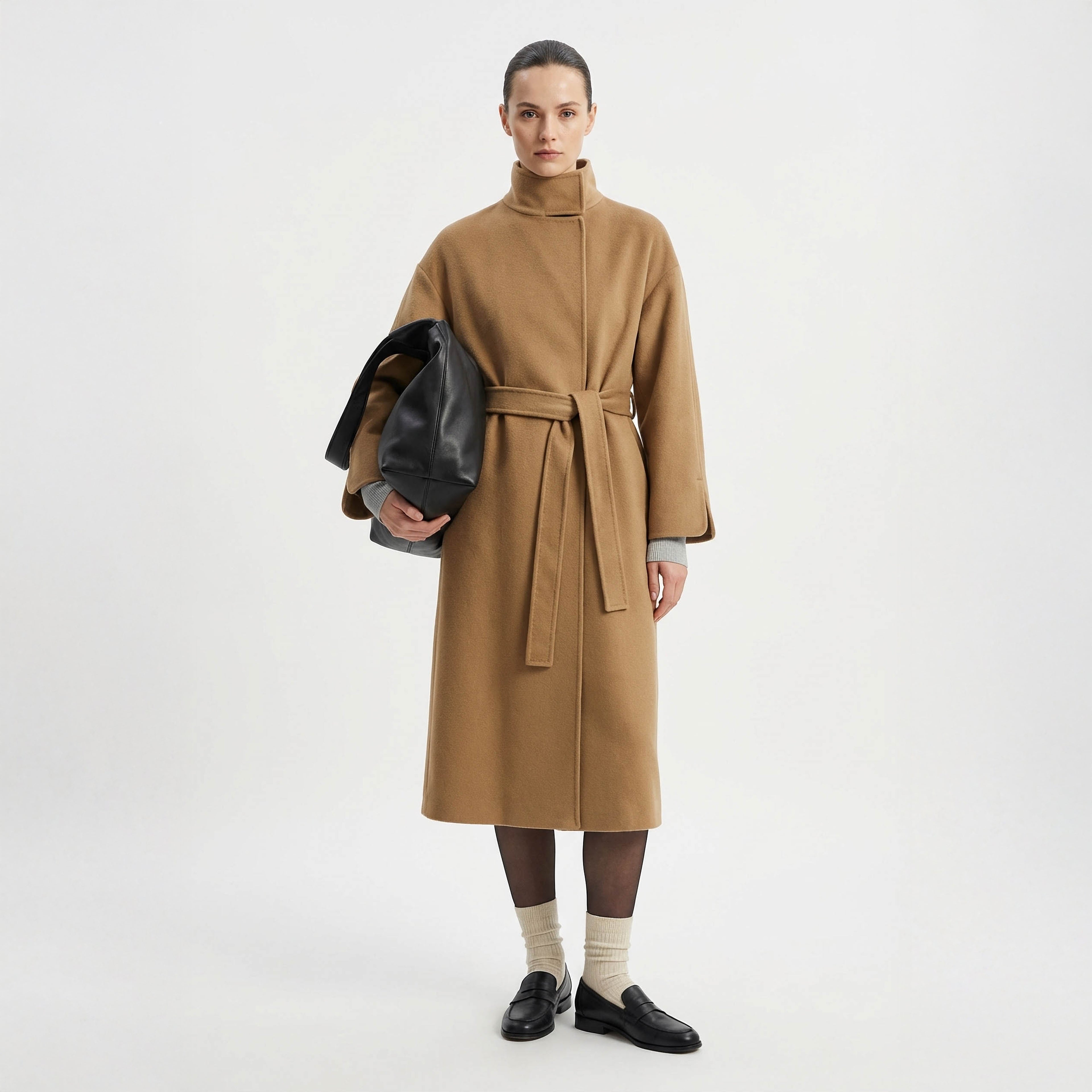 Cricket Cashmere Coat | Luxury Camel Wrap Coat with Stand Collar