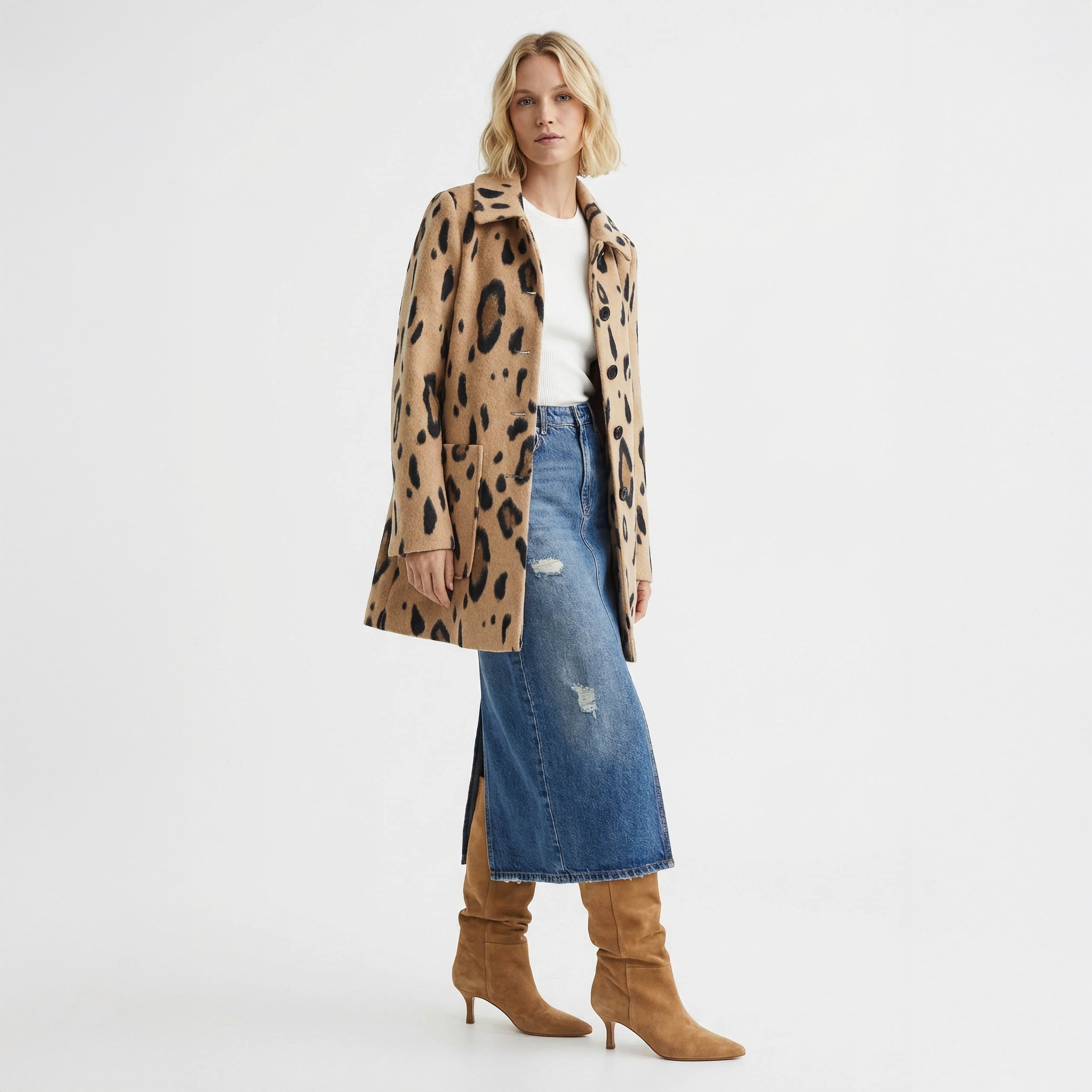 Chic Leopard Print Wool Blend Mini Coat / Structured Jacket