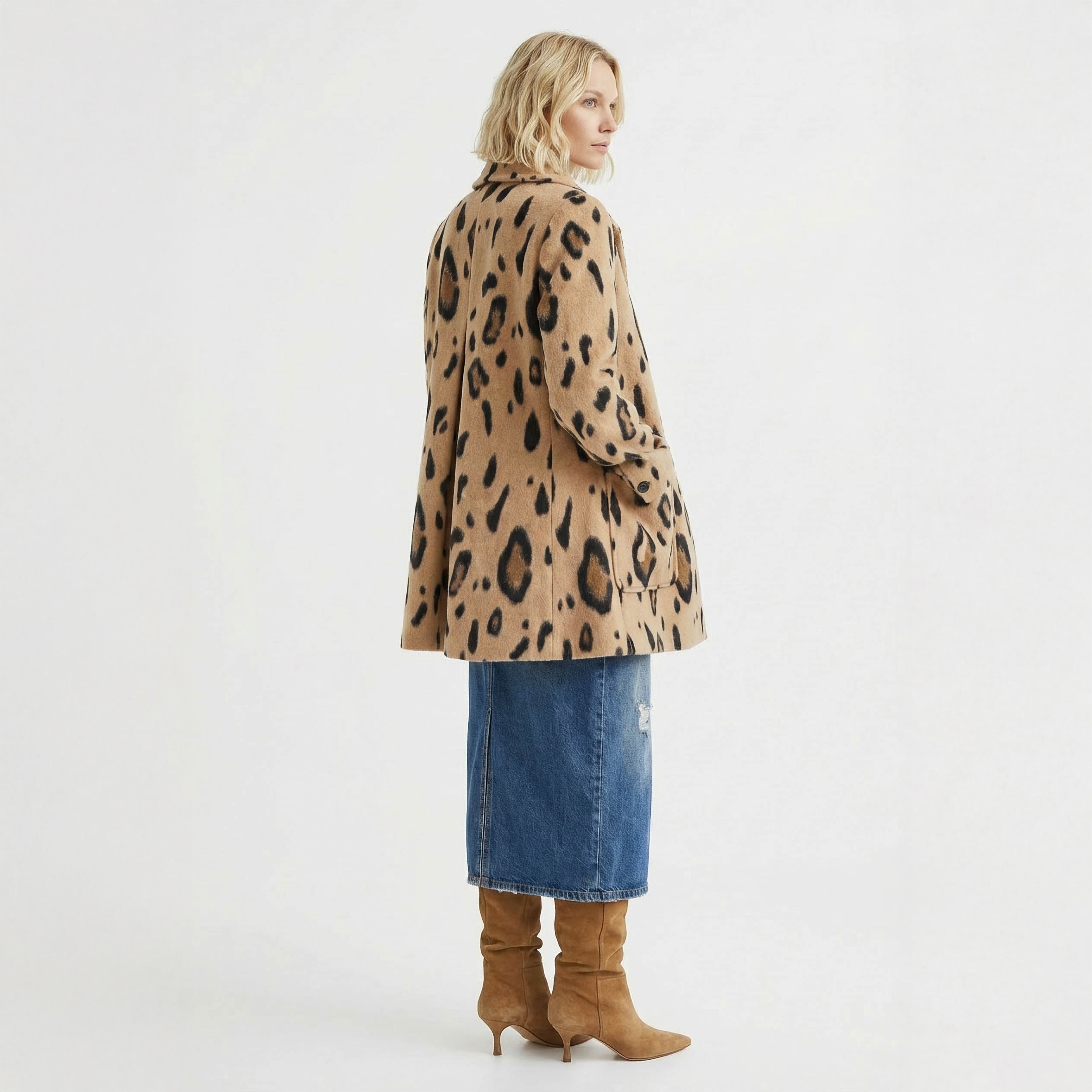 Chic Leopard Print Wool Blend Mini Coat / Structured Jacket