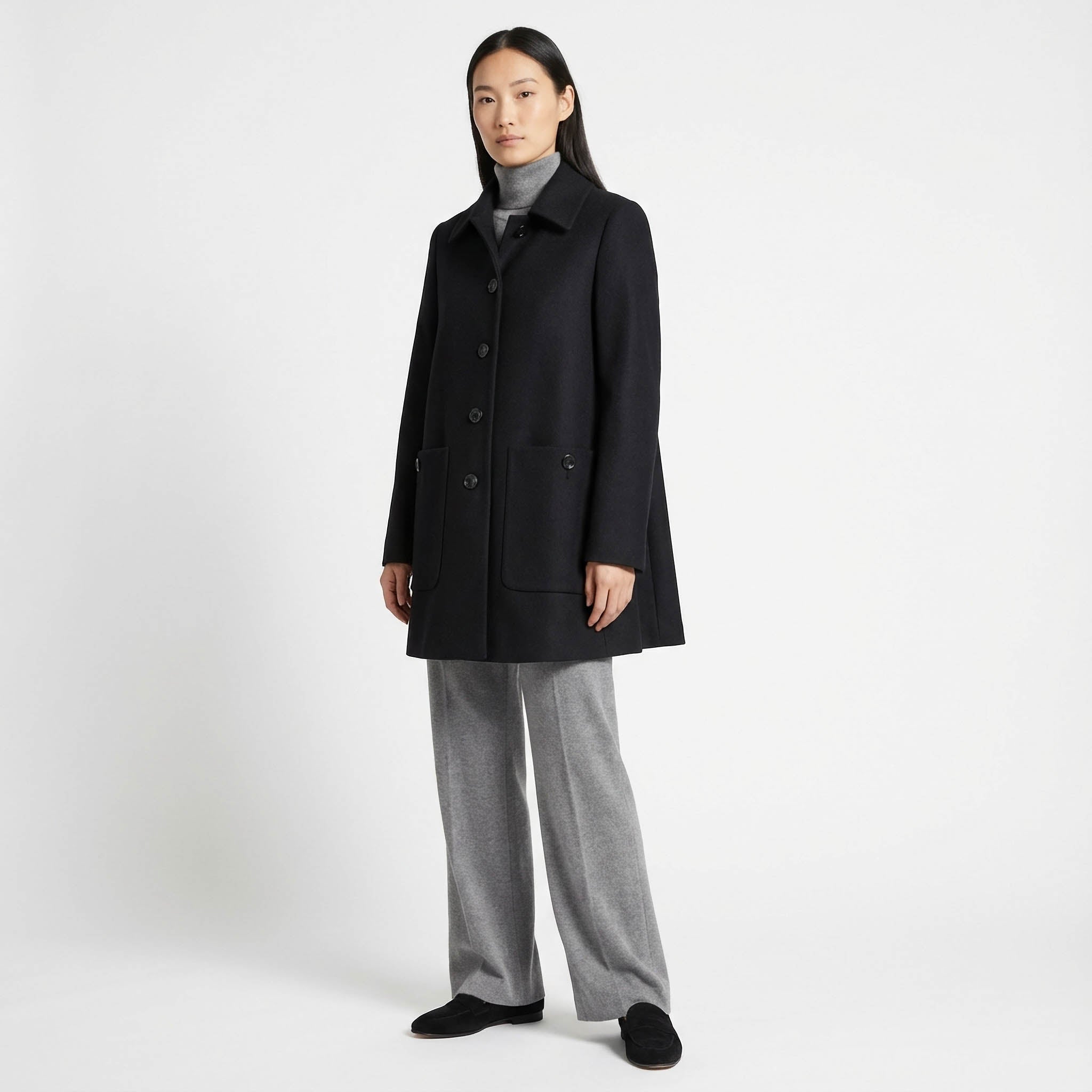 Classic Black Single-Breasted Wool Blend Car Coat