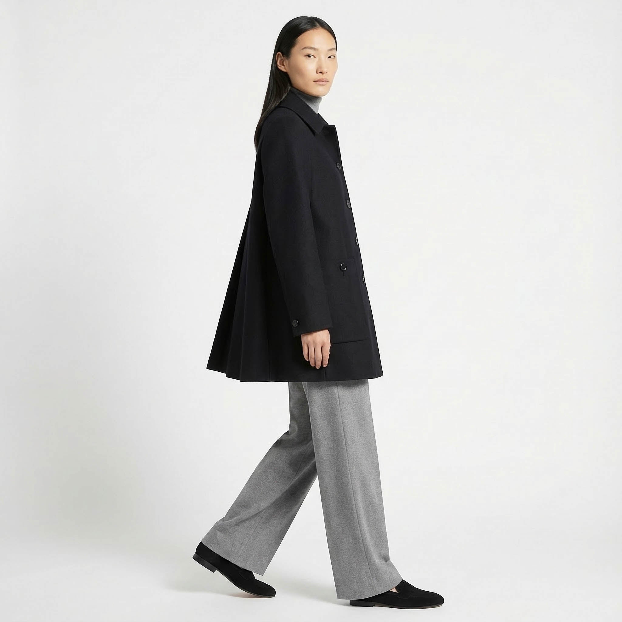 Classic Black Single-Breasted Wool Blend Car Coat