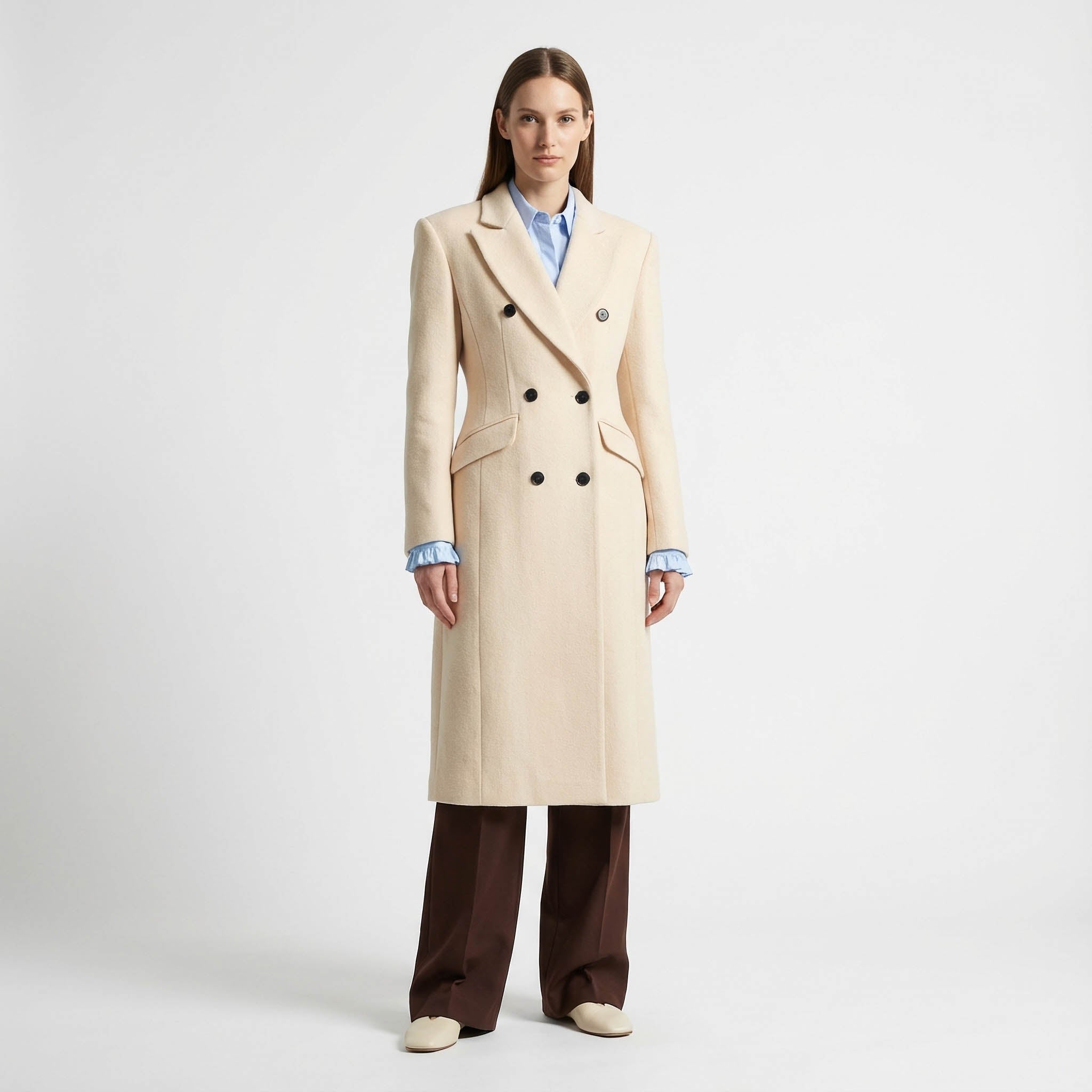 Classic Double-Breasted Midi Coat in Pale Cream Wool Blend