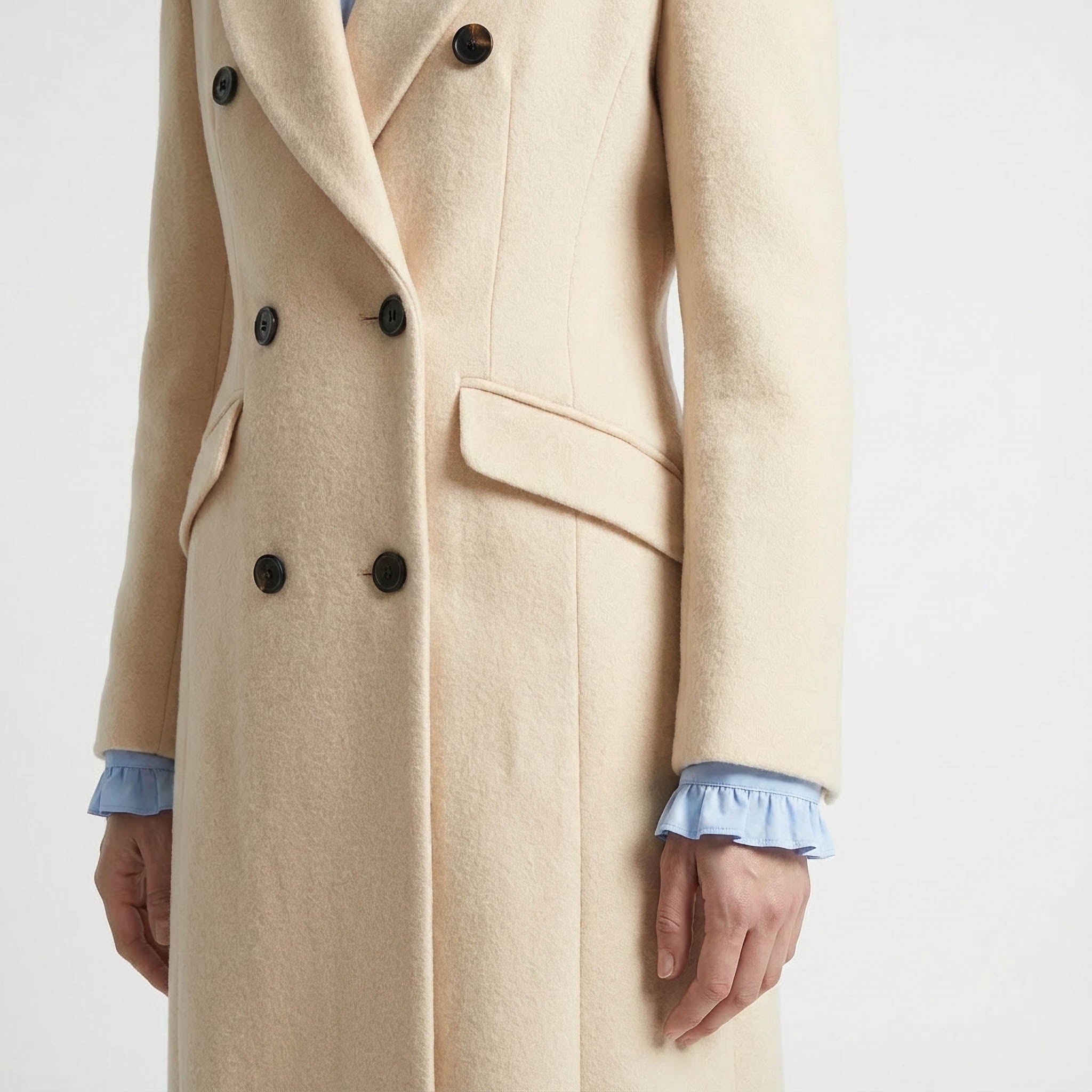 Classic Double-Breasted Midi Coat in Pale Cream Wool Blend
