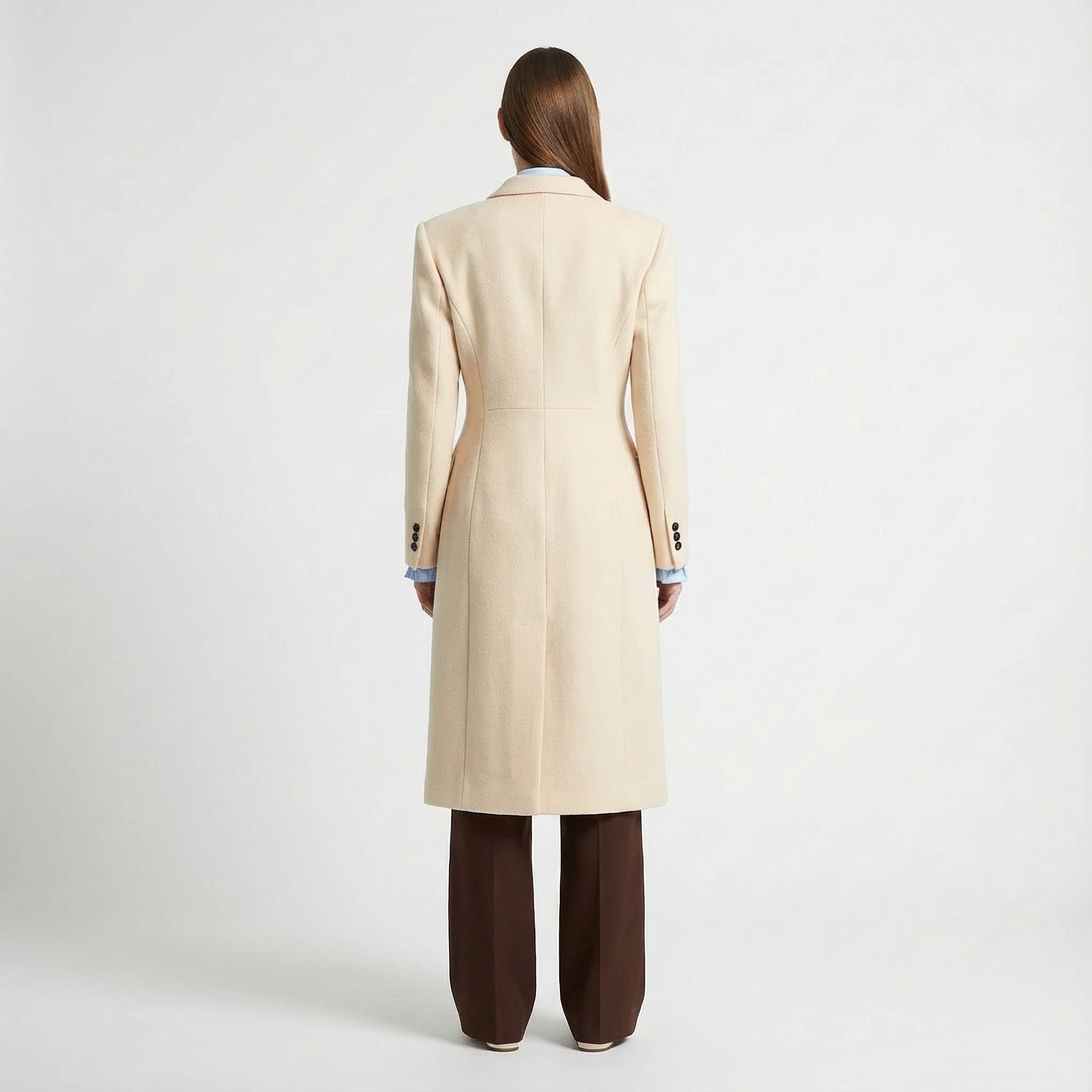 Classic Double-Breasted Midi Coat in Pale Cream Wool Blend