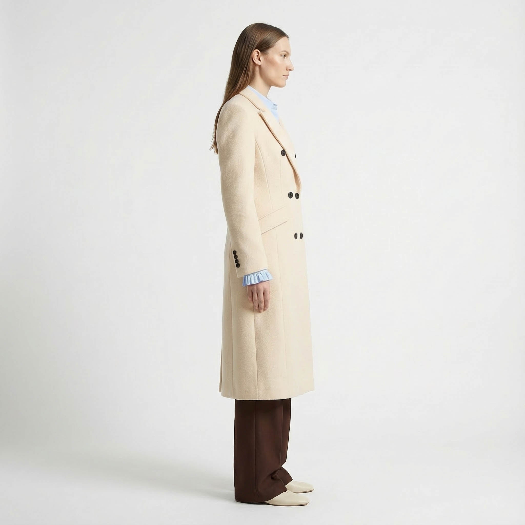 Classic Double-Breasted Midi Coat in Pale Cream Wool Blend