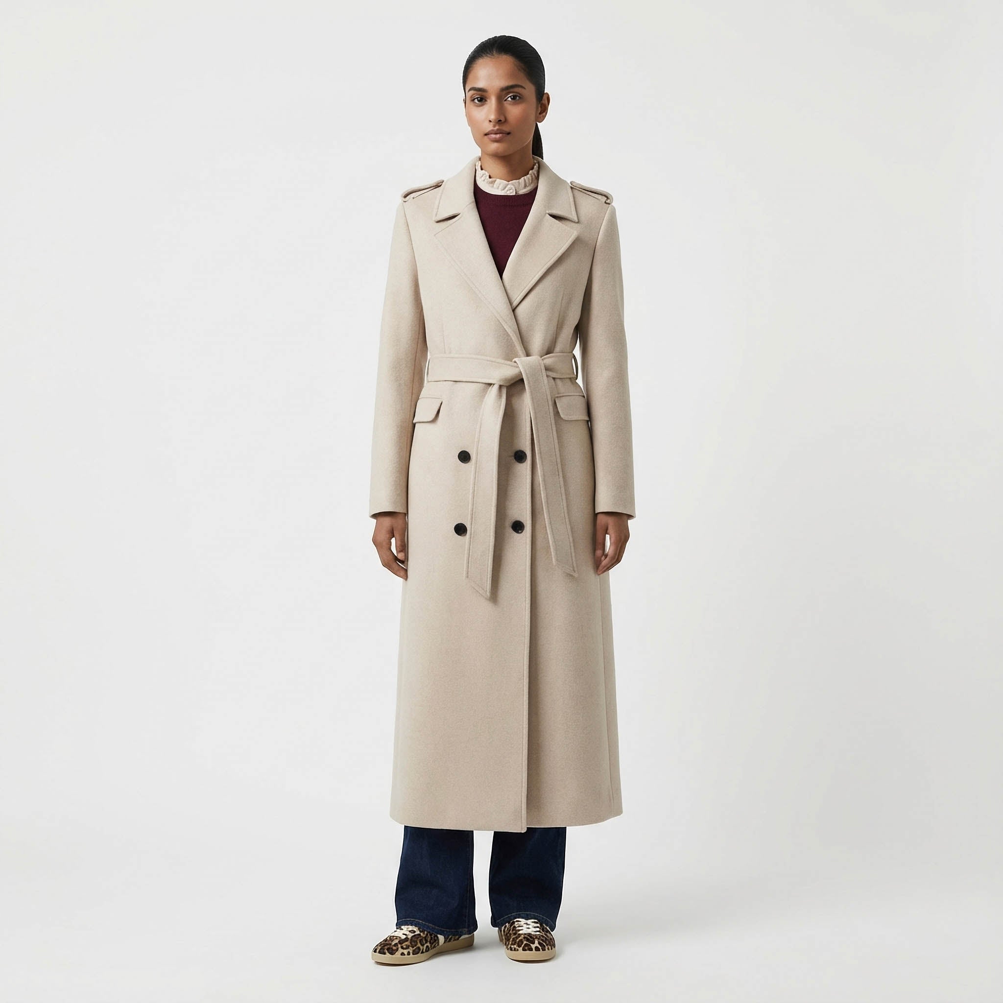 Classic Military-Detail Belted Wool Coat in Light Beige