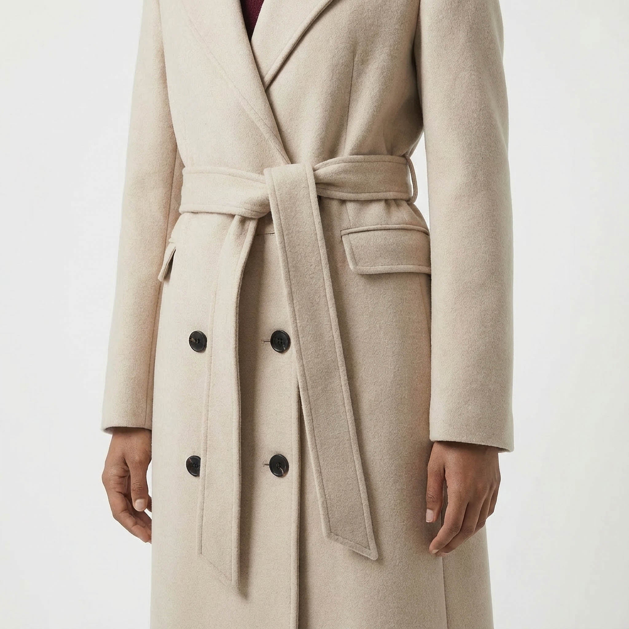 Classic Military-Detail Belted Wool Coat in Light Beige