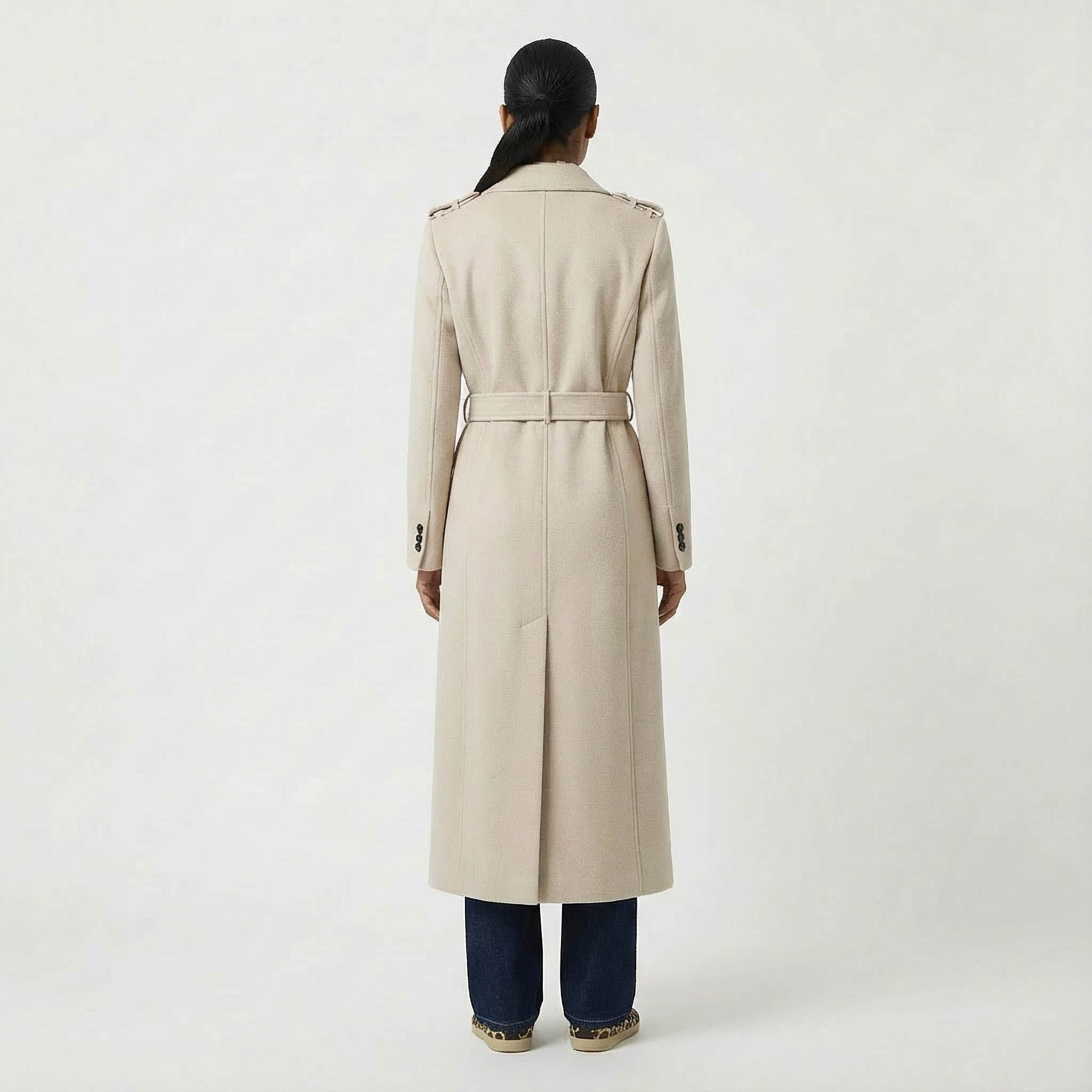 Classic Military-Detail Belted Wool Coat in Light Beige