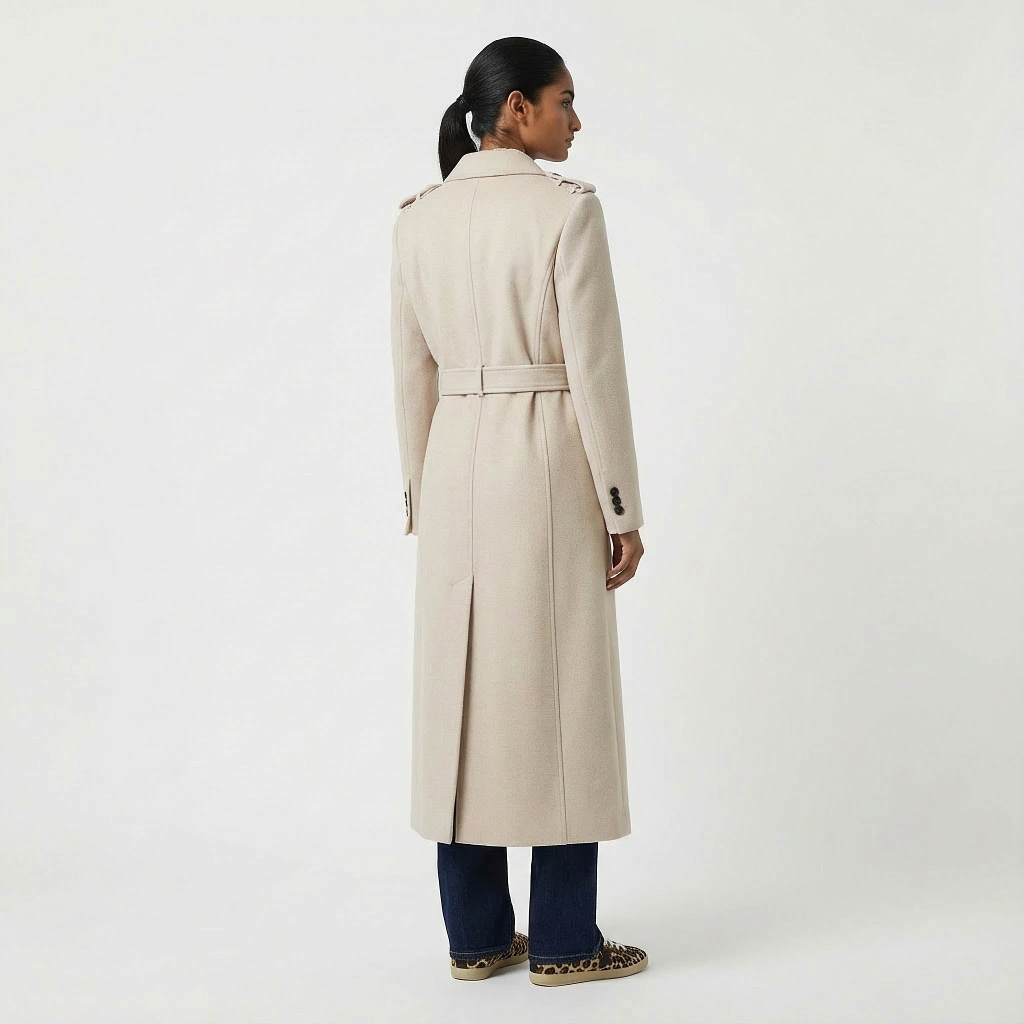 Classic Military-Detail Belted Wool Coat in Light Beige