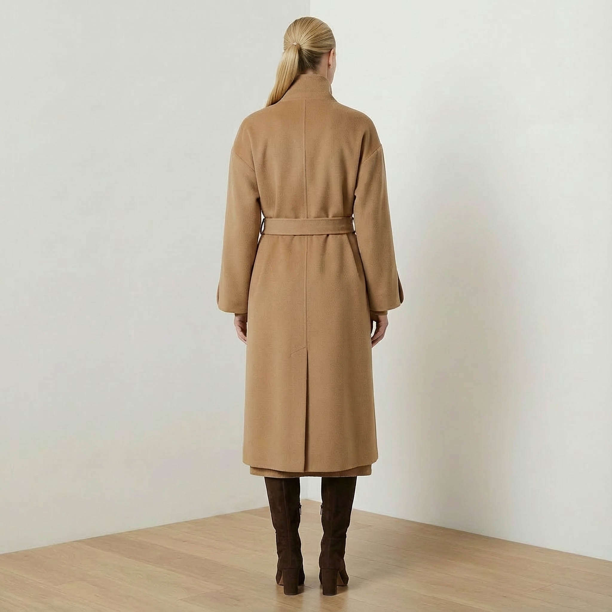 Cricket Cashmere Coat | Luxury Camel Wrap Coat with Stand Collar