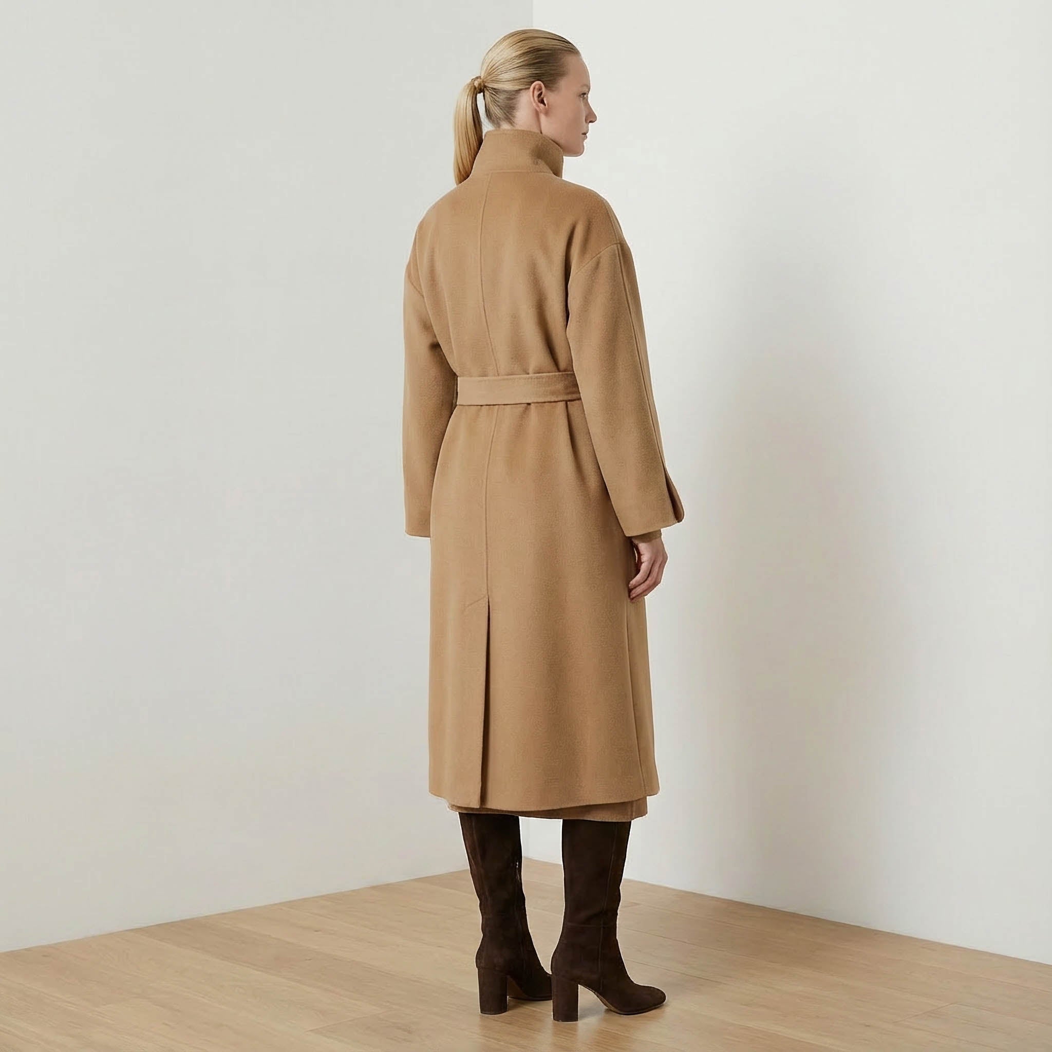 Cricket Cashmere Coat | Luxury Camel Wrap Coat with Stand Collar