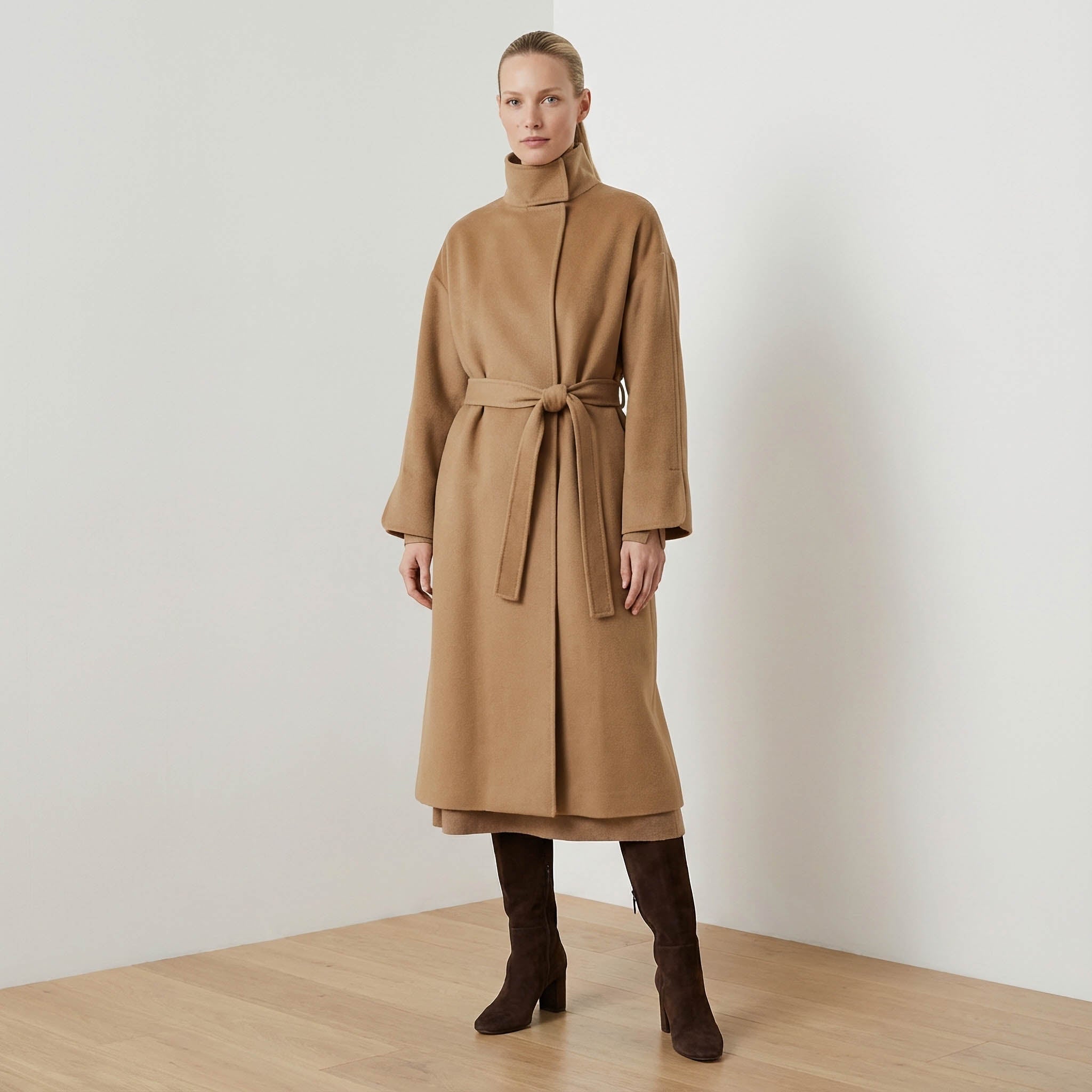 Cricket Cashmere Coat | Luxury Camel Wrap Coat with Stand Collar