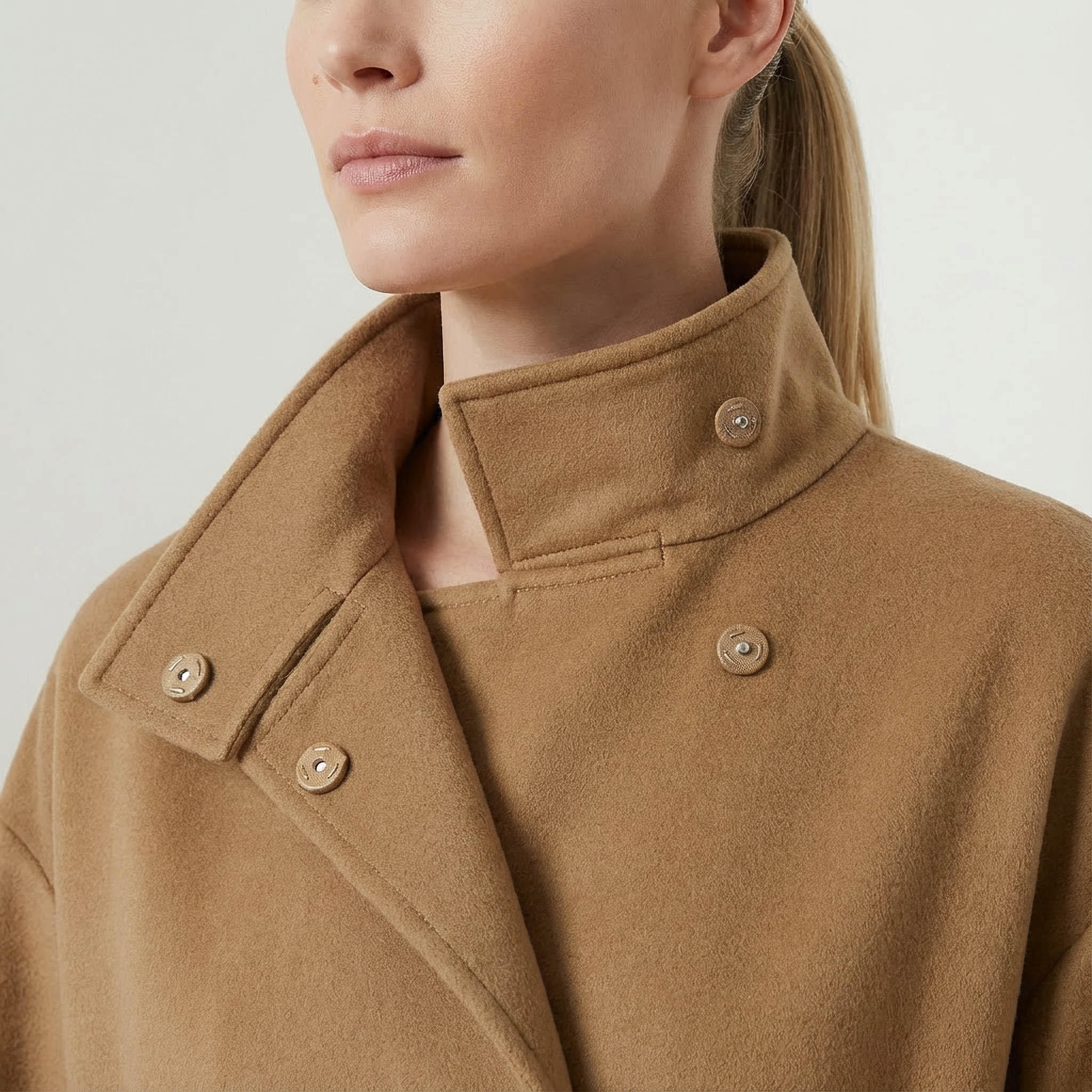 Cricket Cashmere Coat | Luxury Camel Wrap Coat with Stand Collar