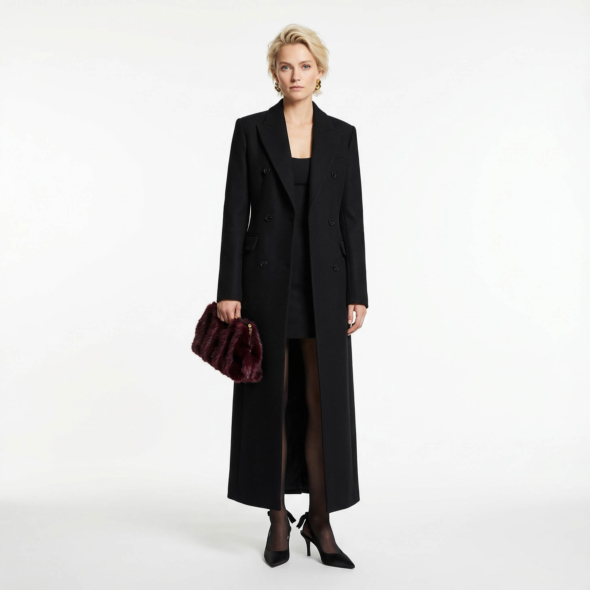 Dramatic Maxi Length Black Double-Breasted Premium Wool Coat