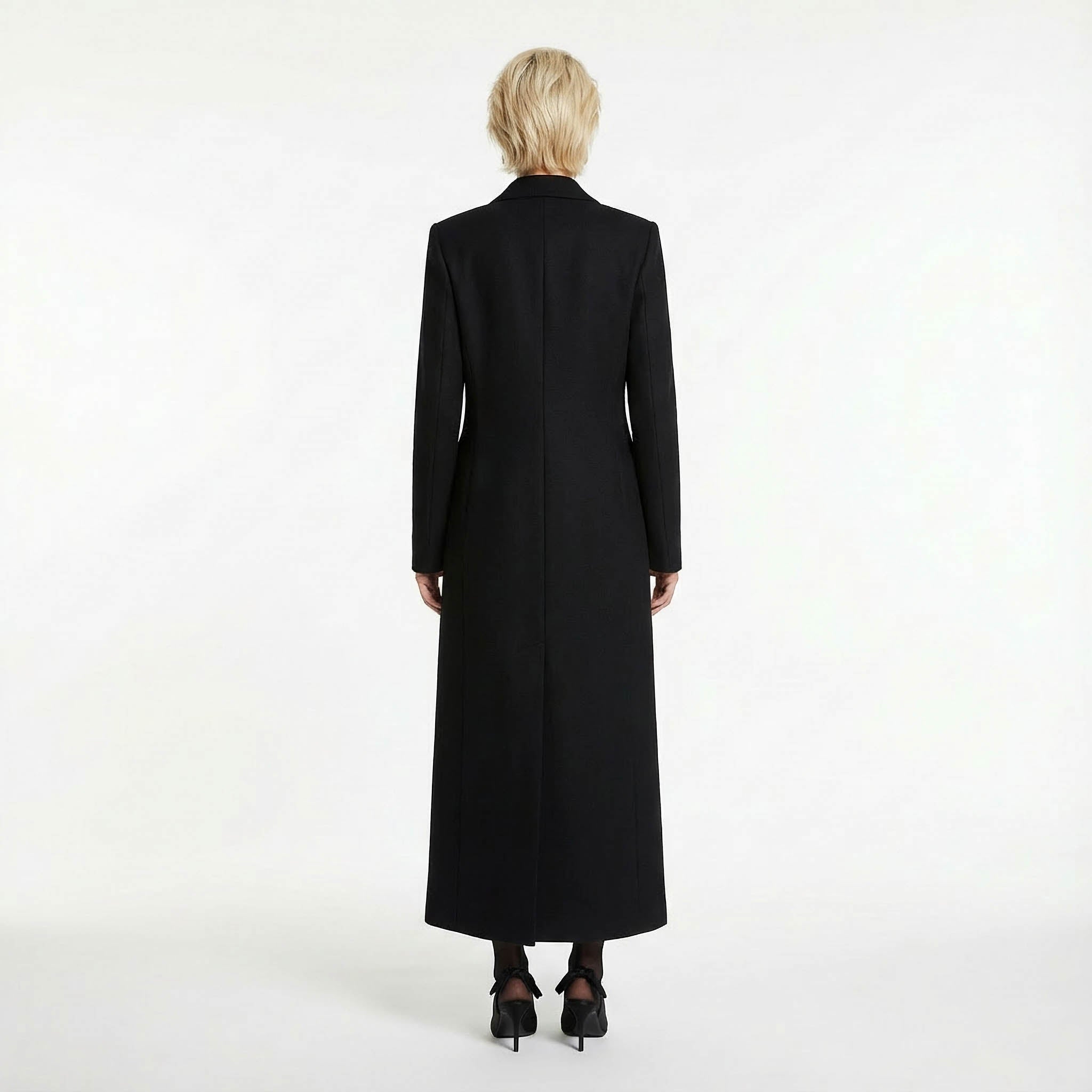 Dramatic Maxi Length Black Double-Breasted Premium Wool Coat