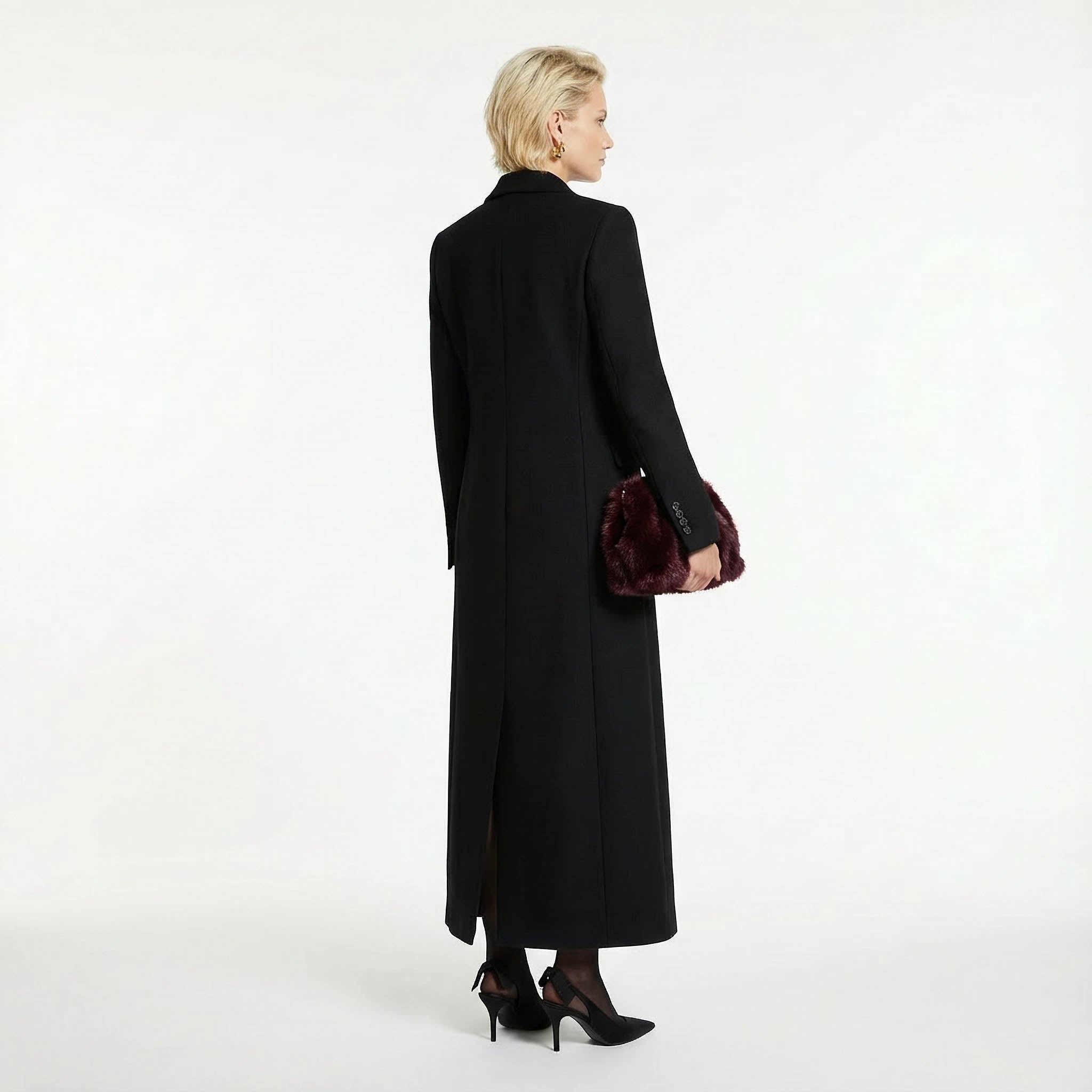Dramatic Maxi Length Black Double-Breasted Premium Wool Coat