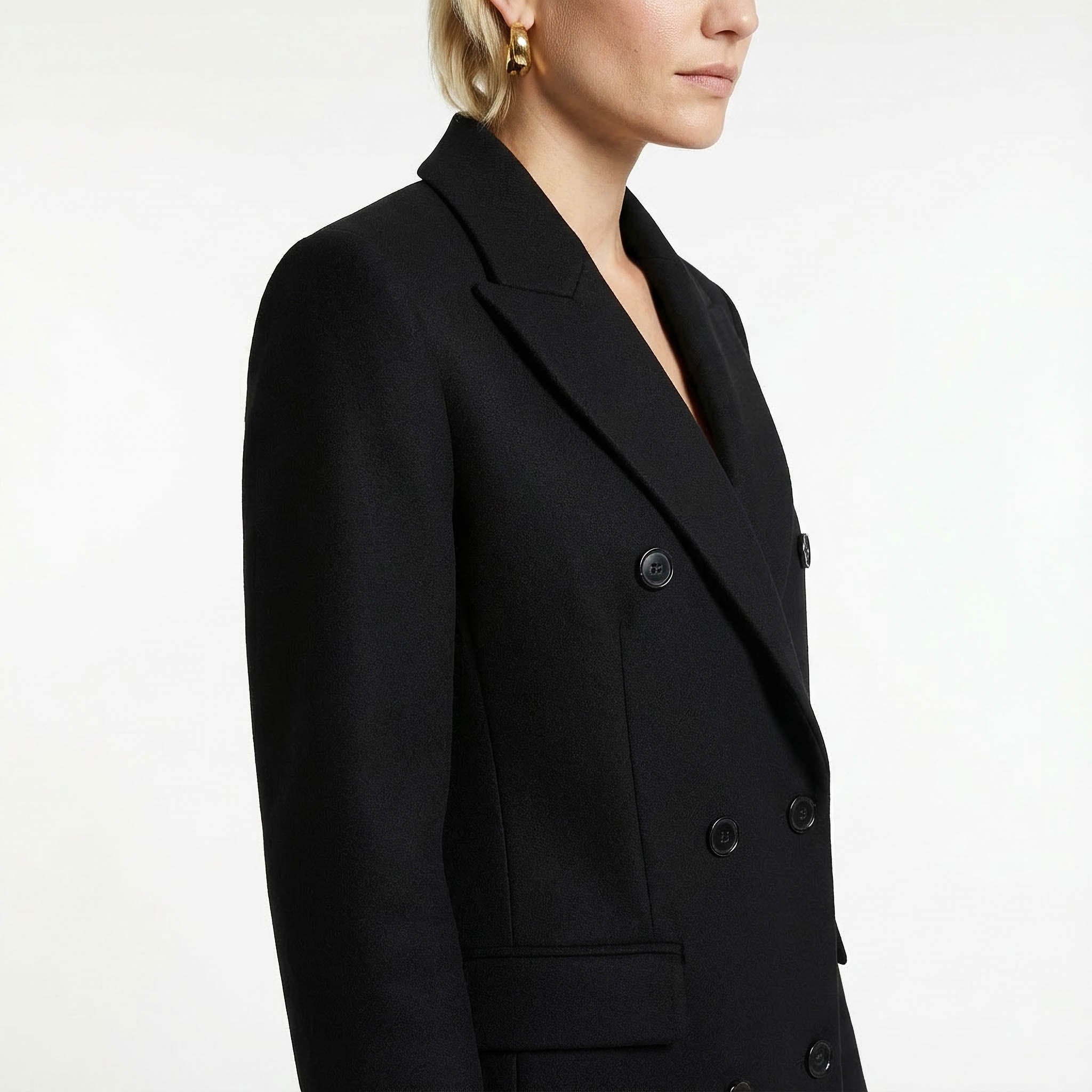 Dramatic Maxi Length Black Double-Breasted Premium Wool Coat