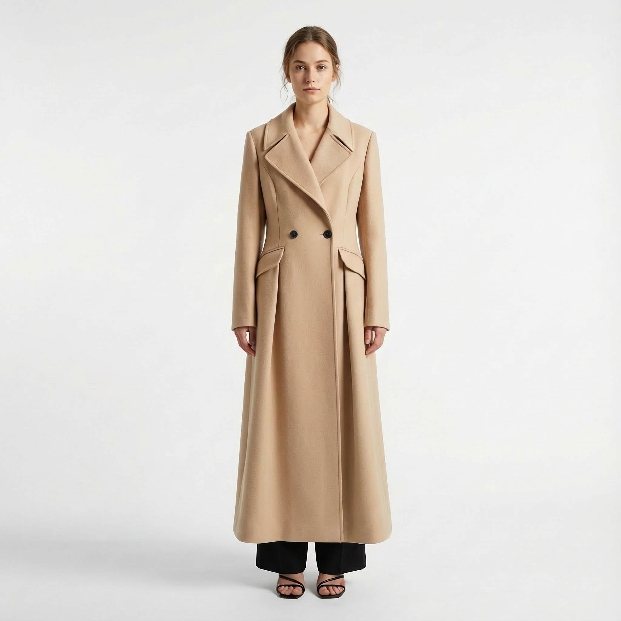 Dramatic Pleated A-Line Maxi Coat in Luxury Wool Blend