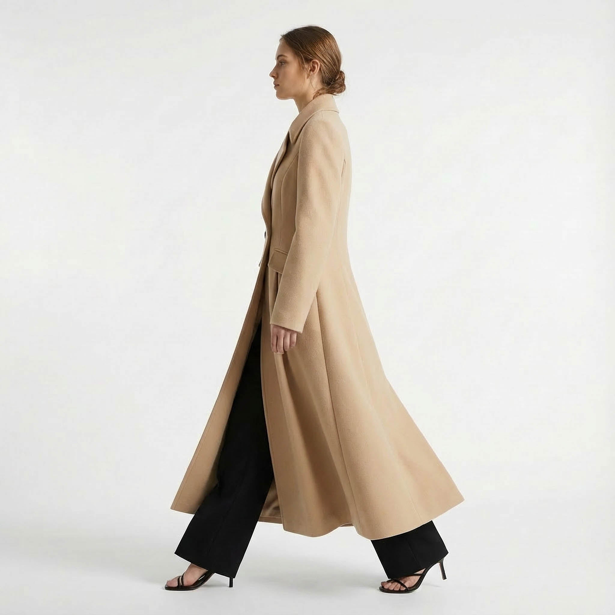 Dramatic Pleated A-Line Maxi Coat in Luxury Wool Blend
