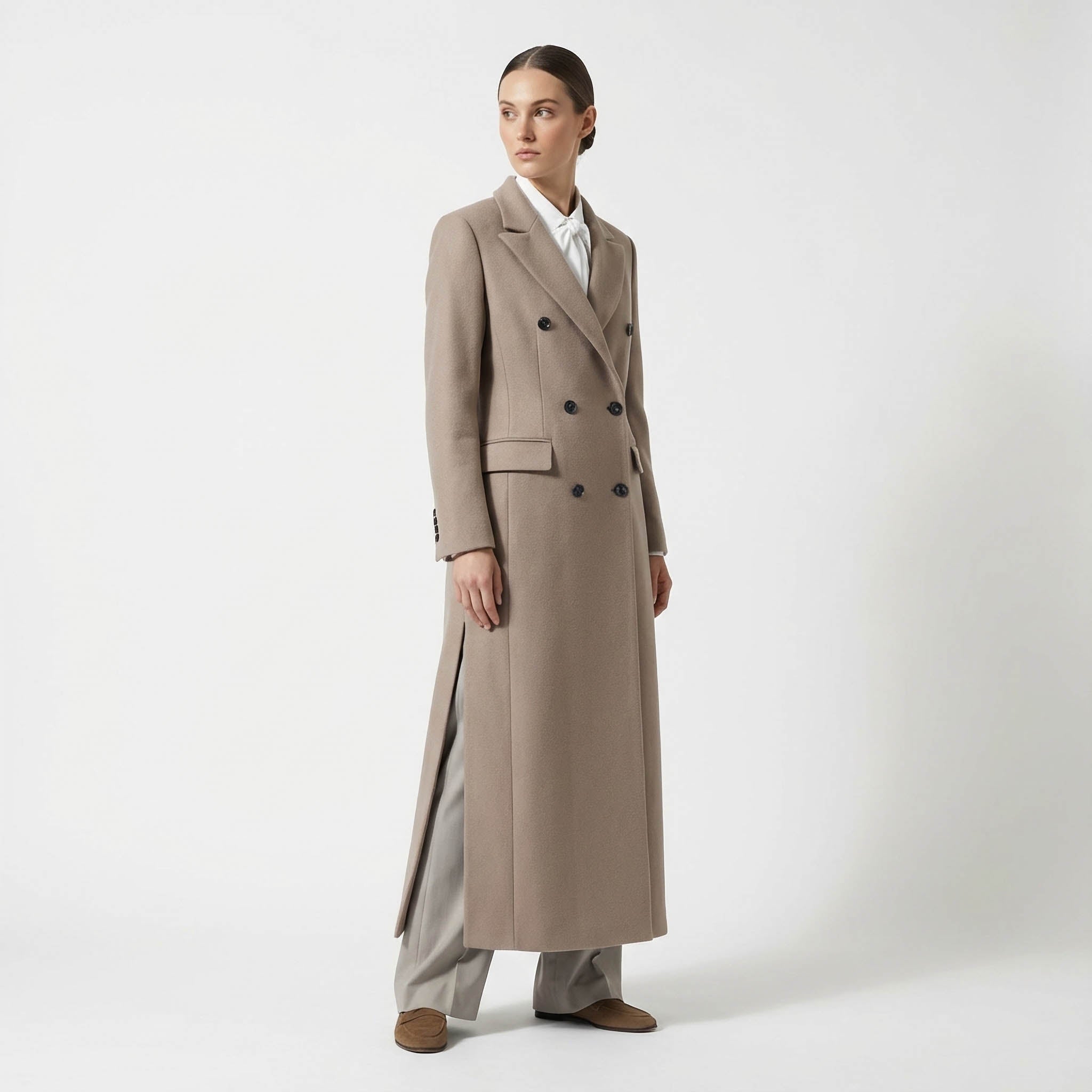 Elegant Double-Breasted Maxi Wool Blend Coat in Taupe/Camel