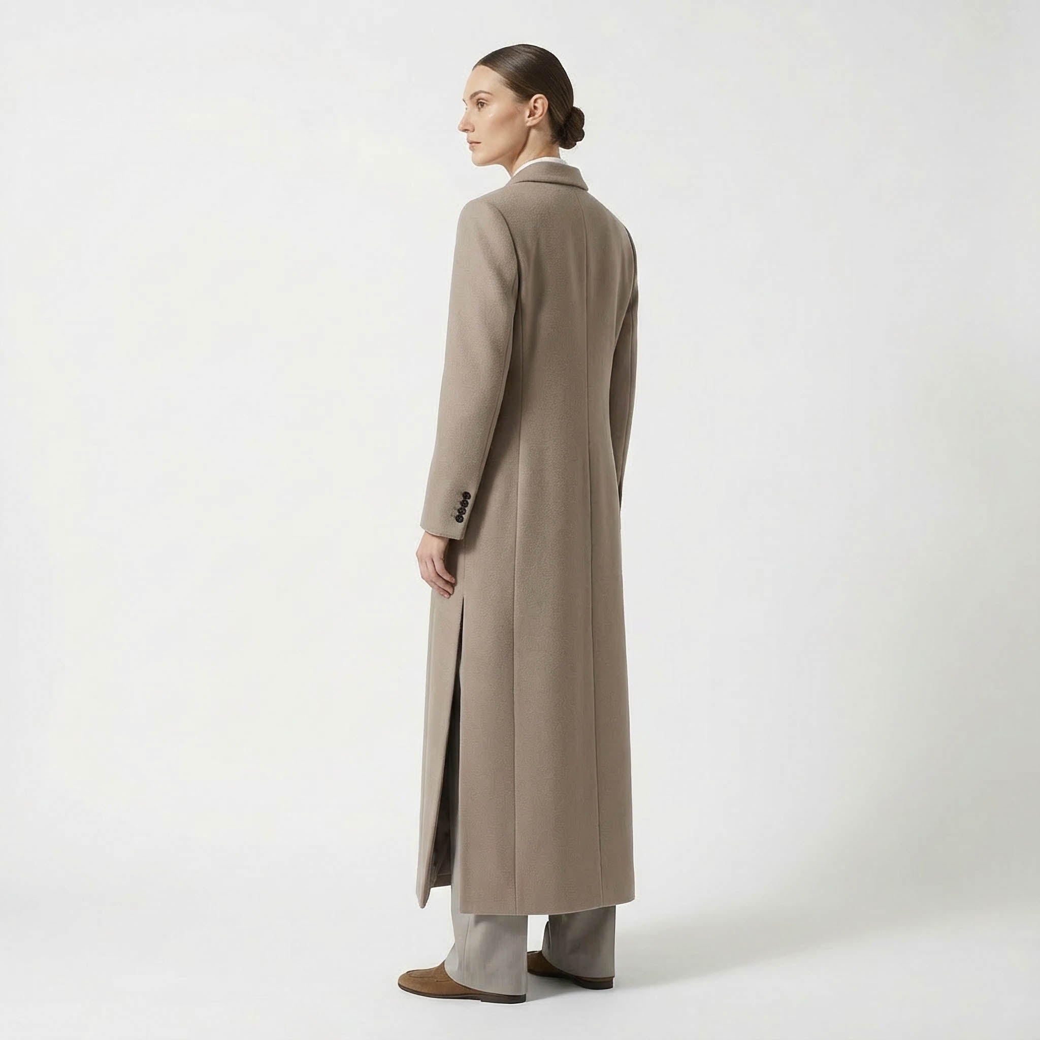 Elegant Double-Breasted Maxi Wool Blend Coat in Taupe/Camel