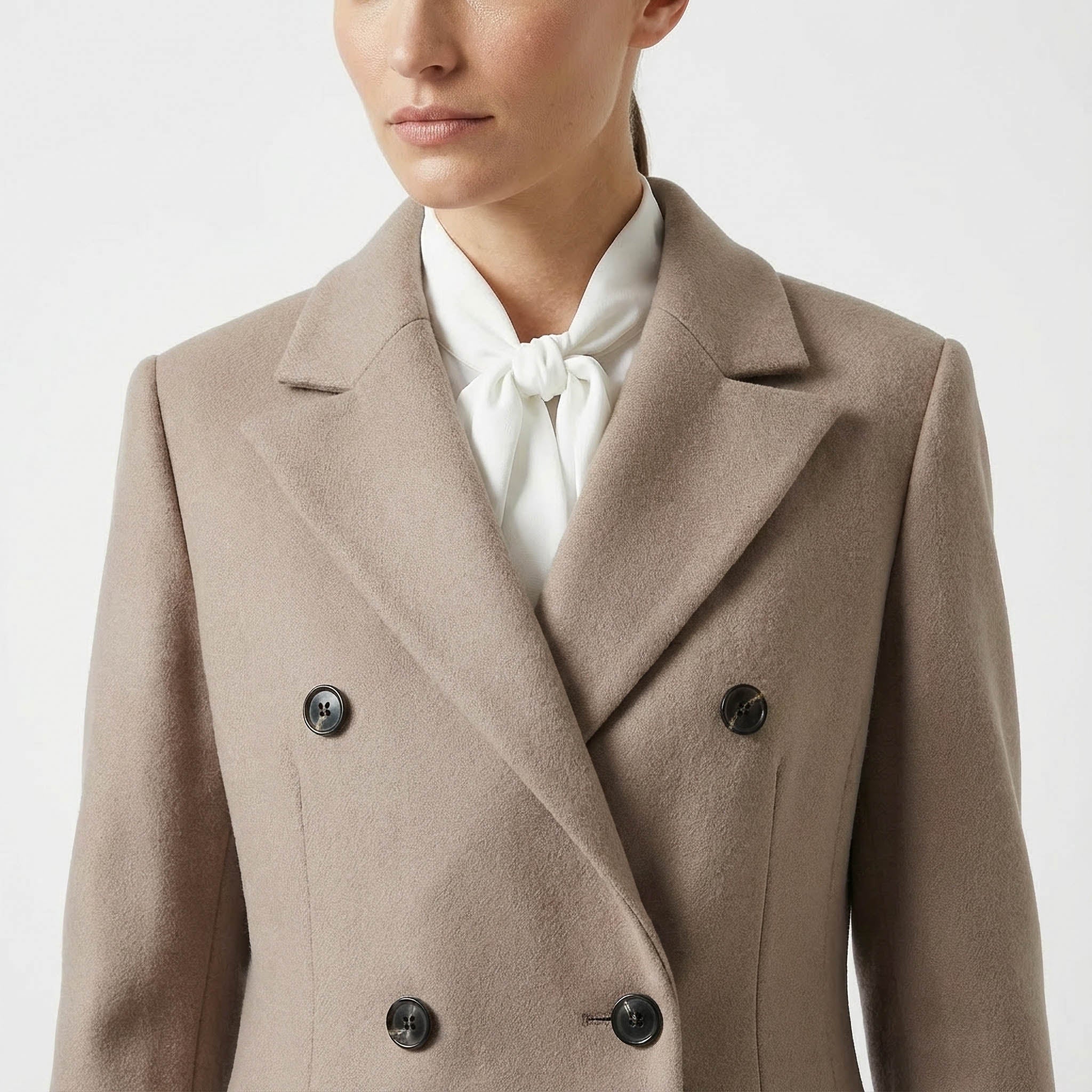 Elegant Double-Breasted Maxi Wool Blend Coat in Taupe/Camel