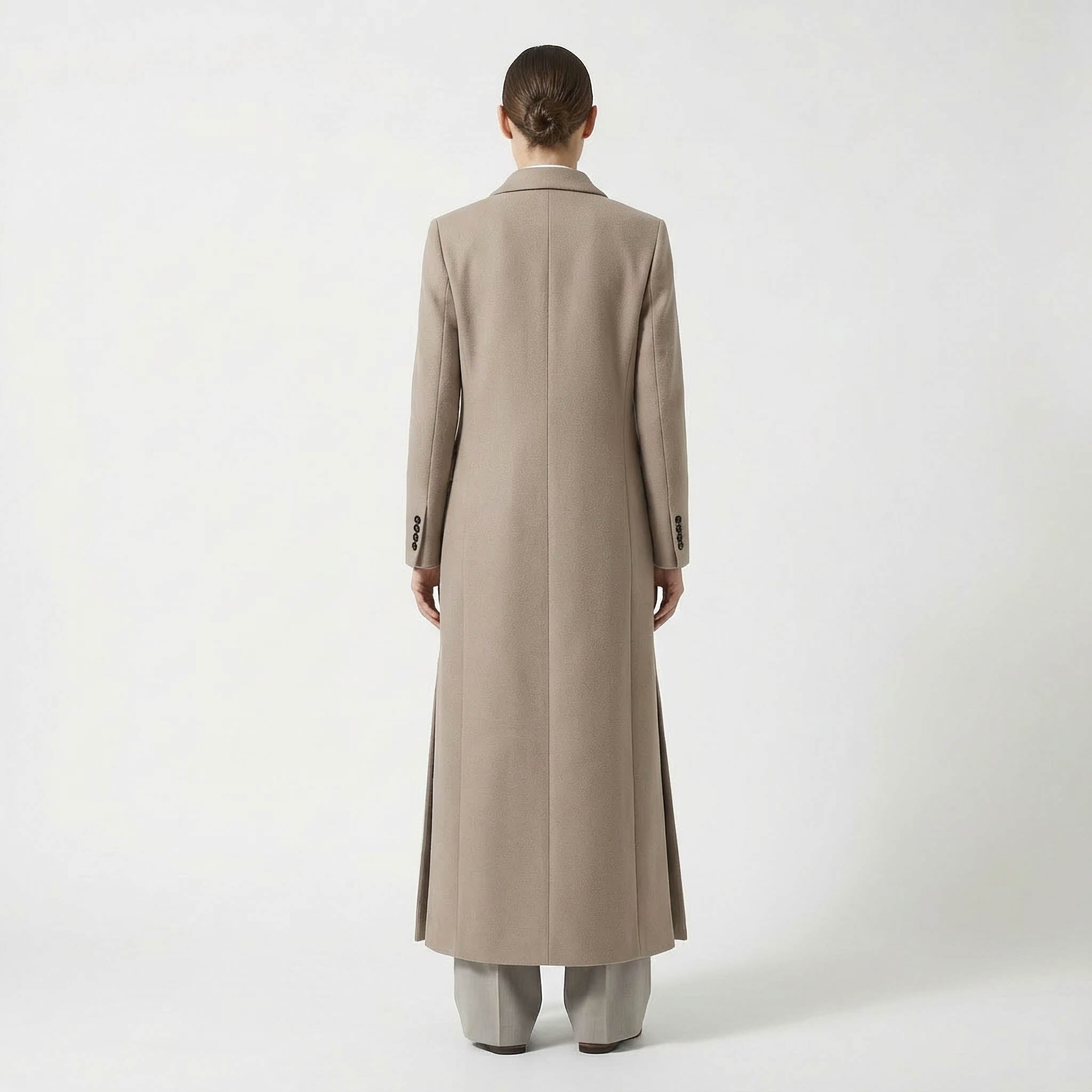 Elegant Double-Breasted Maxi Wool Blend Coat in Taupe/Camel