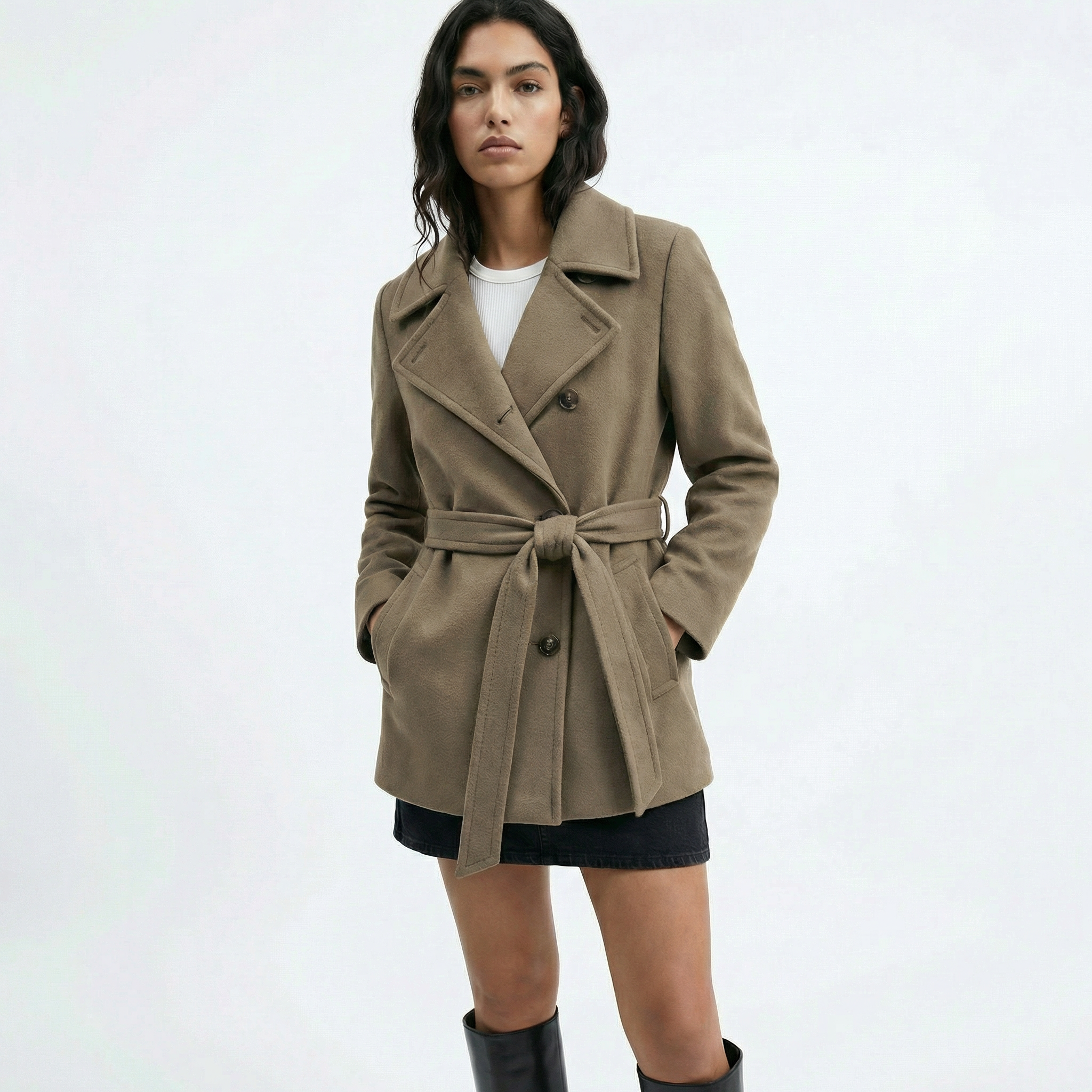 The Shoreditch | Premium Virgin Wool & Cashmere Belted Short Coat - Dusty Olive
