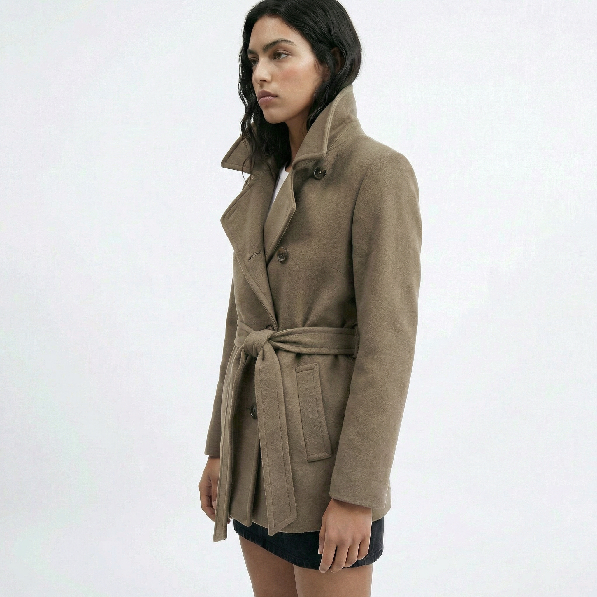 The Shoreditch | Premium Virgin Wool & Cashmere Belted Short Coat - Dusty Olive