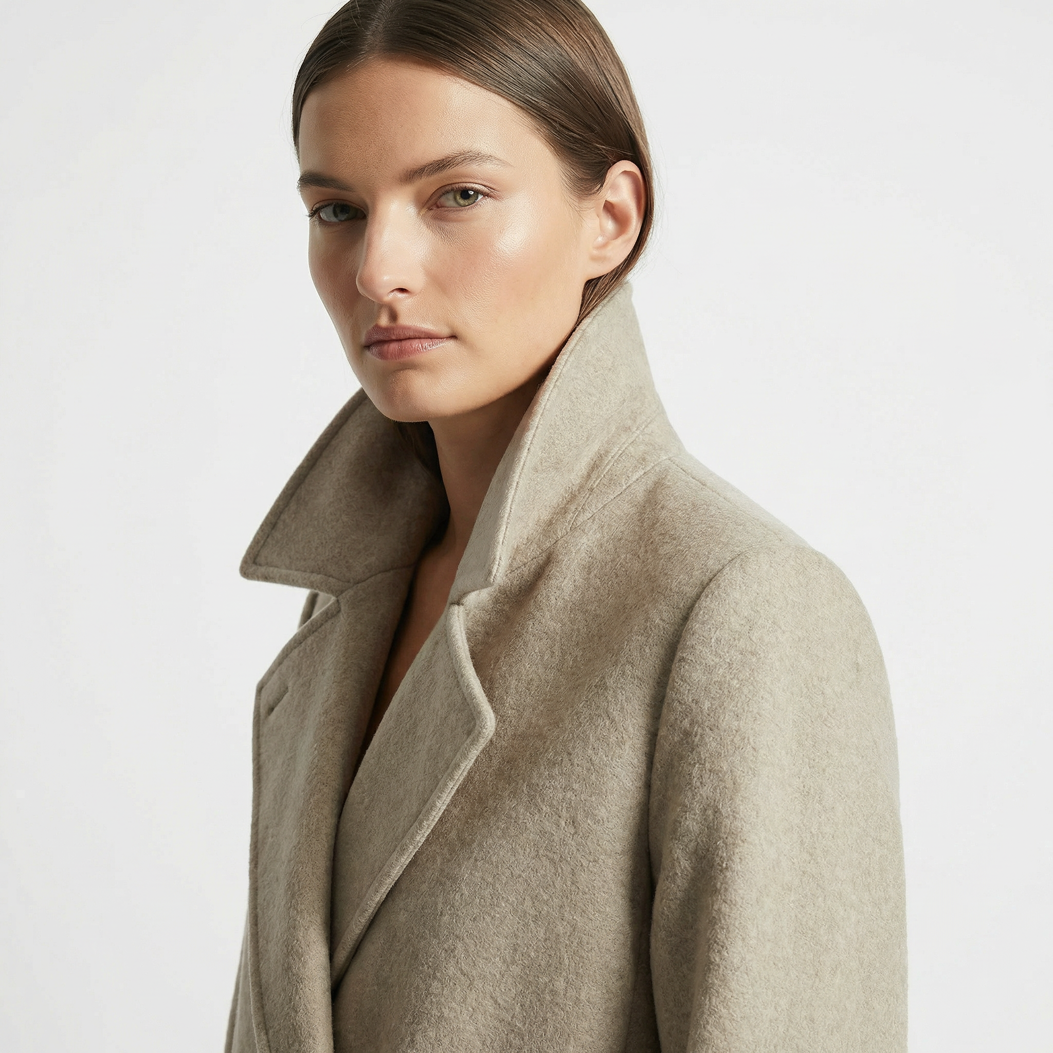 Woman wearing a beige coat on a white background
