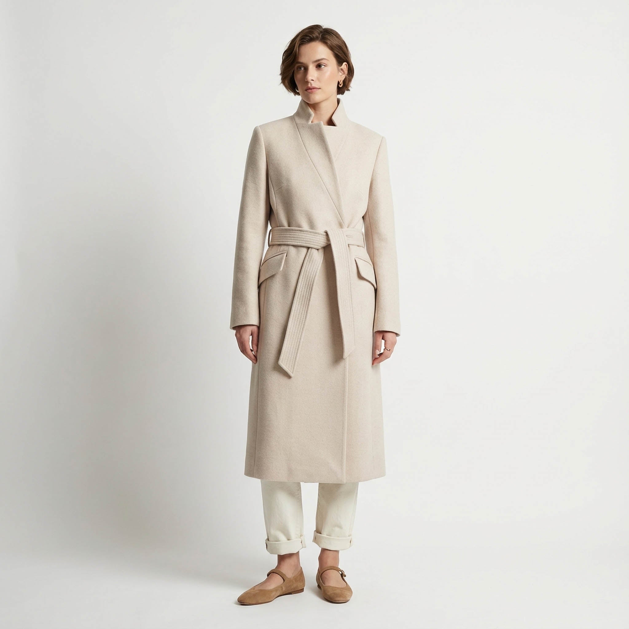 Luxury Belted High-Collar Blend Long Wrap Coat