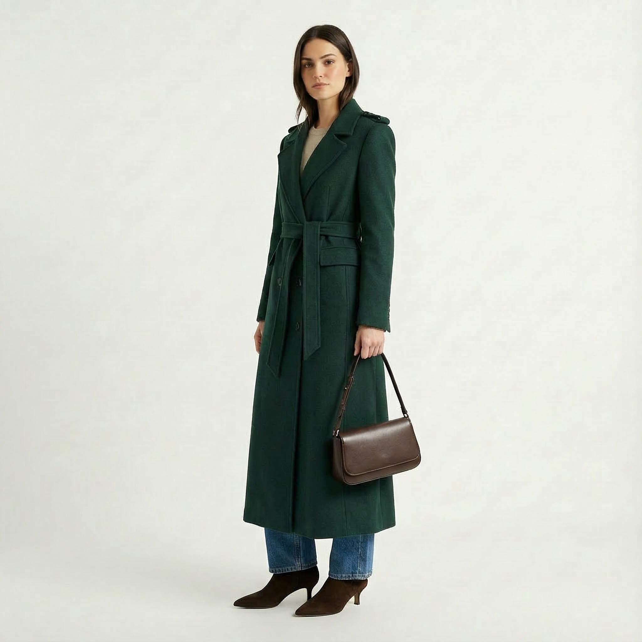 Luxury Maxi Length Wrap Coat in Deep Forest Green with Military Details