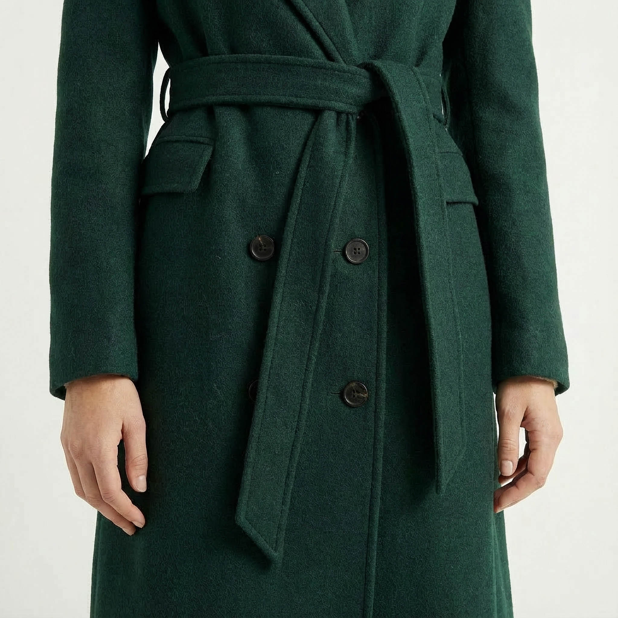 Luxury Maxi Length Wrap Coat in Deep Forest Green with Military Details
